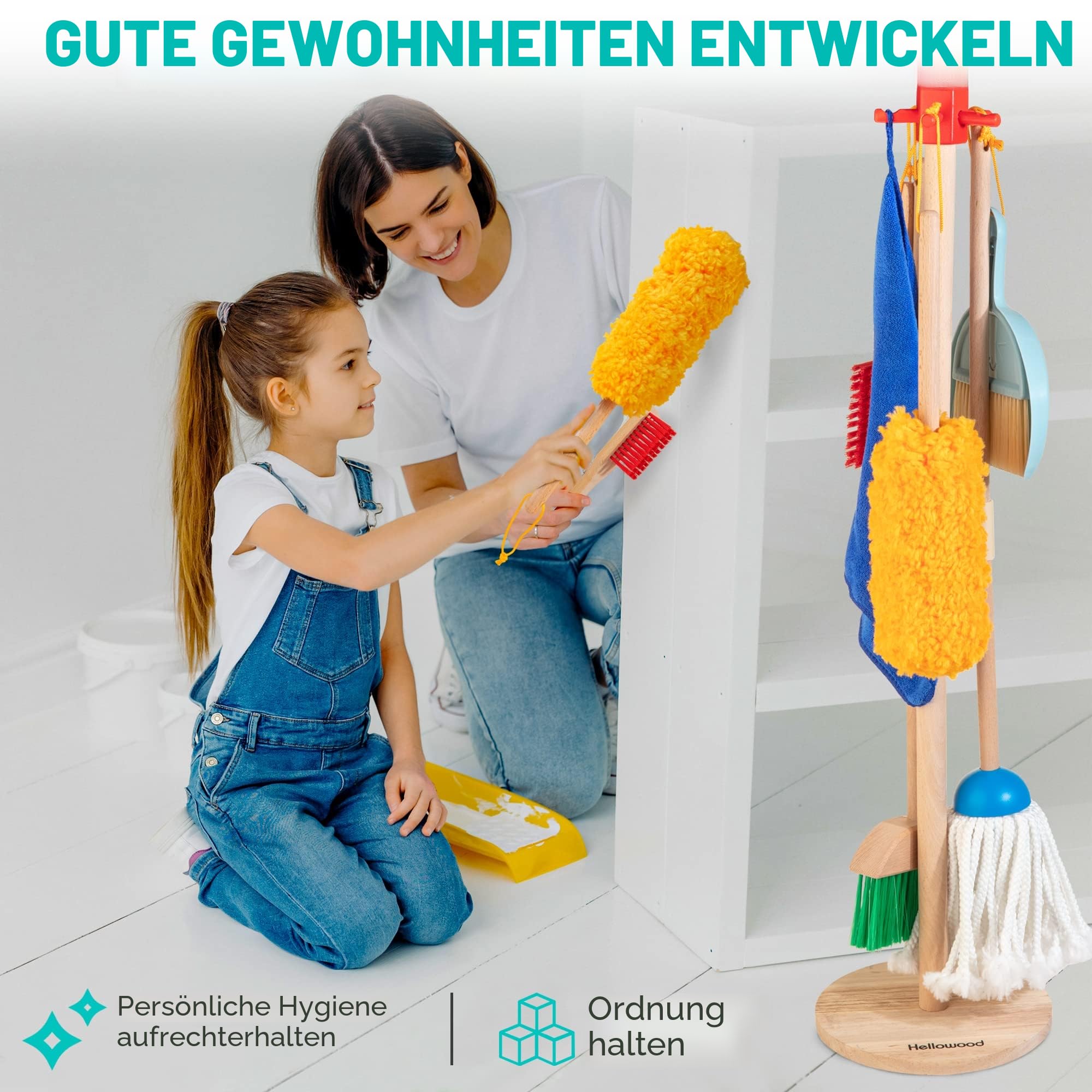 Kinder Holz Reiniungs-Set, 8-teilige Haushaltsspielzeug Rollenspiele Set inkl. Besen Mop Kehrblech Bürsten Lappen Handfeger Ständer, Reinigung Spielzeug für Mädchen Jungen Alter 3-6