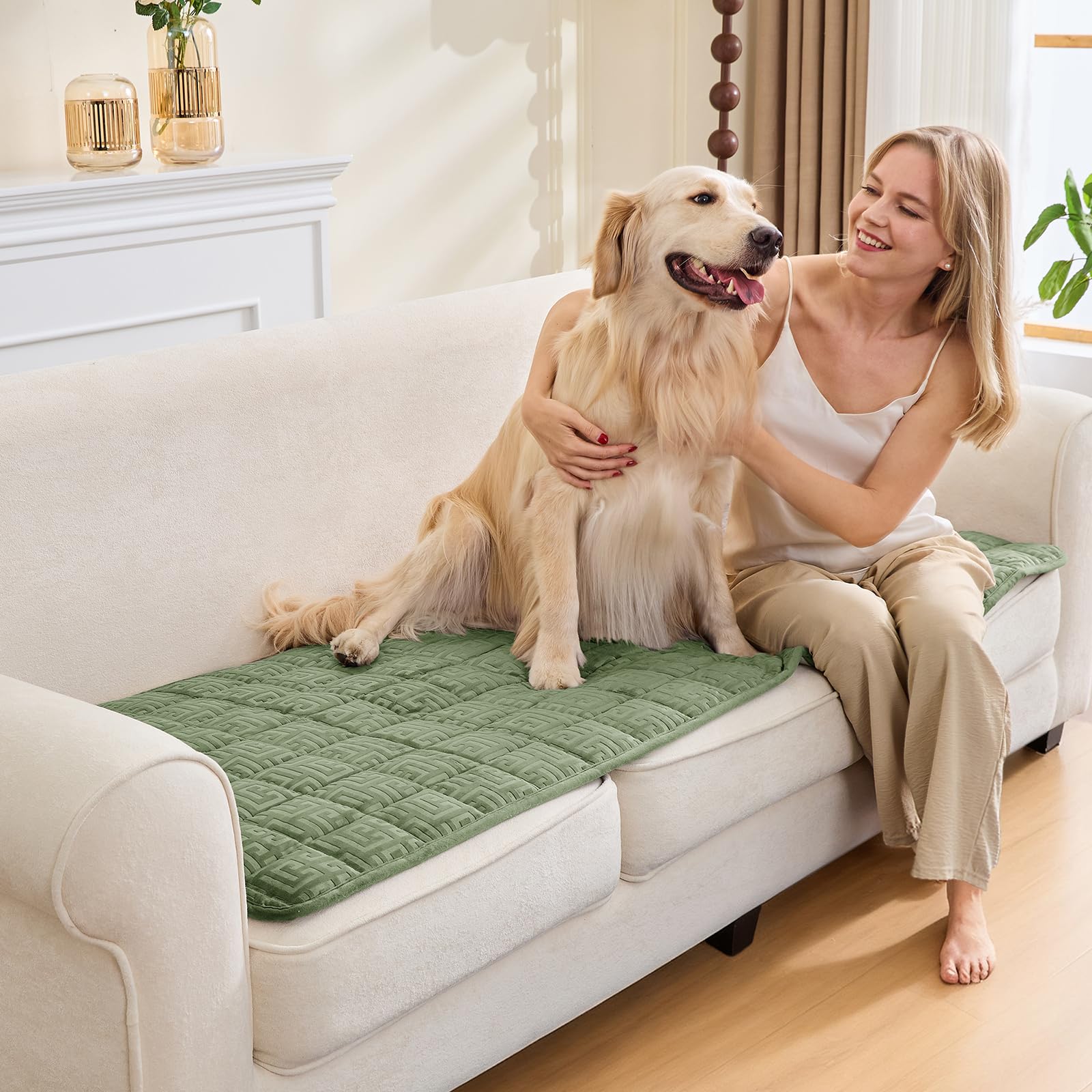 SYLC Sofa Cover Green Velvet Quilting,Thick Sofa Cover 3 Seater Corner L Shape Settee Non Slip Seat Cushion Covers Protector for Living Room Caravan (Green,70×210cm / 1 Piece)