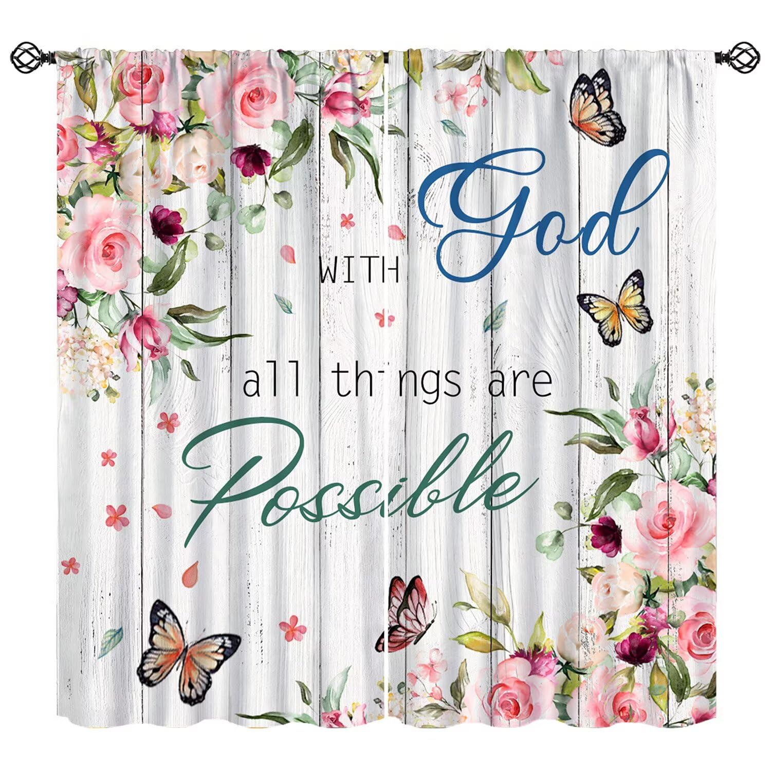 Moderw Floral Bible Verse Curtain Christian Quotes Flower Scriptures Inspirtional Window Treatments Watercolor Peony Butterfly Pring Summer Drapes for Kitchen Bedroom Living Room W52xL84in