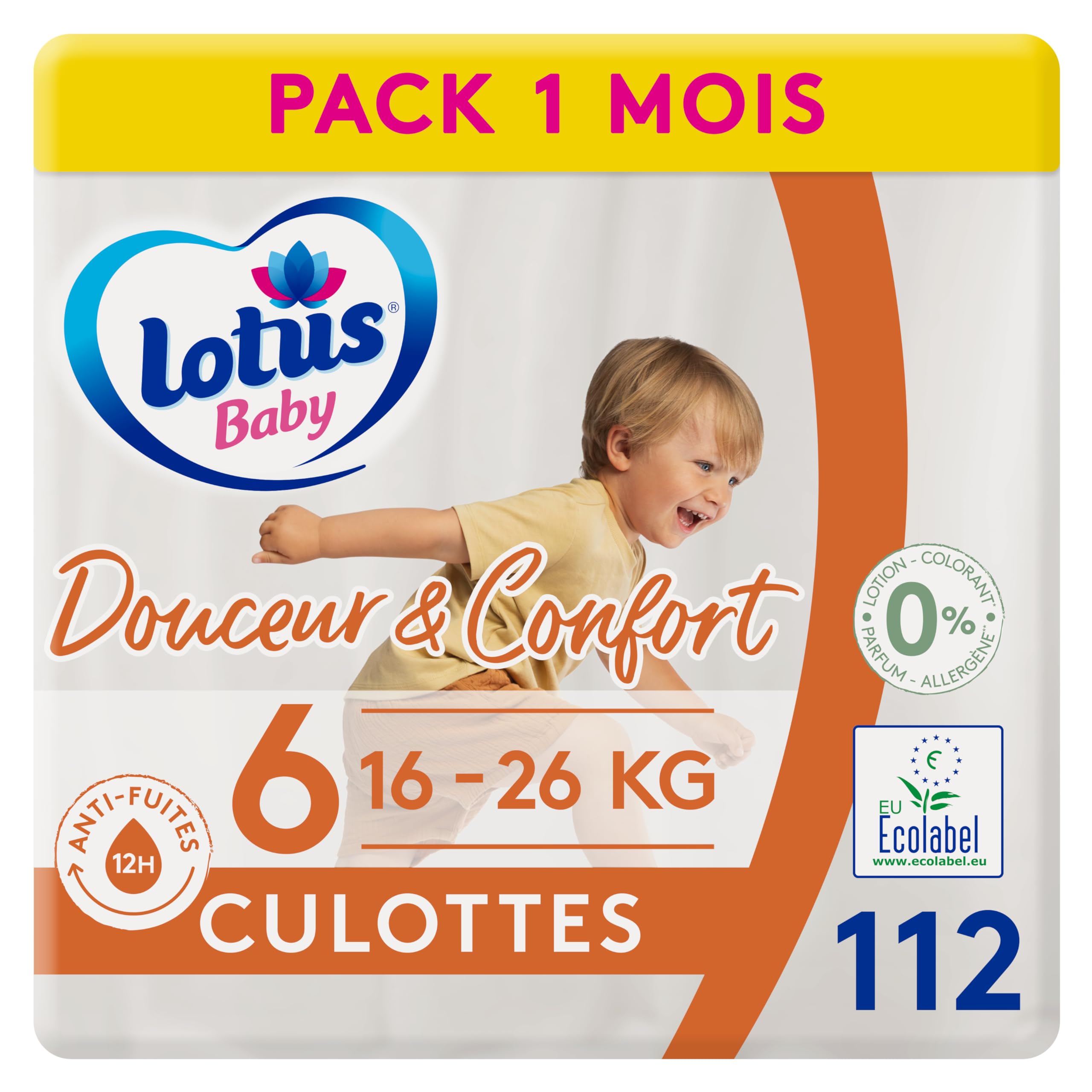 Lotus Baby Douceur & Confort - Culottes Taille 6 (16-26 kg) Pack 1 mois - 112 culottes