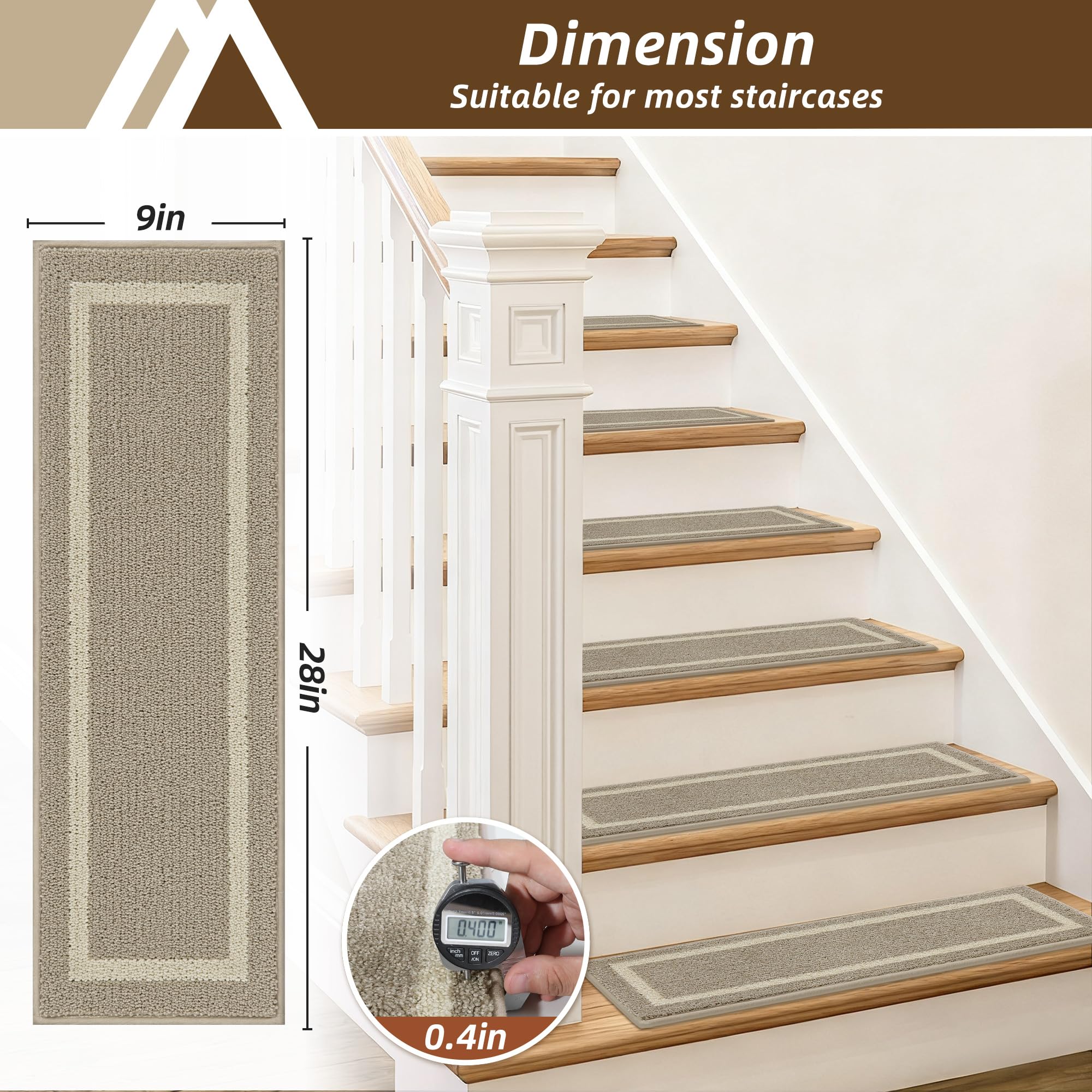 COSY HOMEER Tappeto antiscivolo per scale per interni in 100% poliestere, 4 pezzi, beige, quadrato