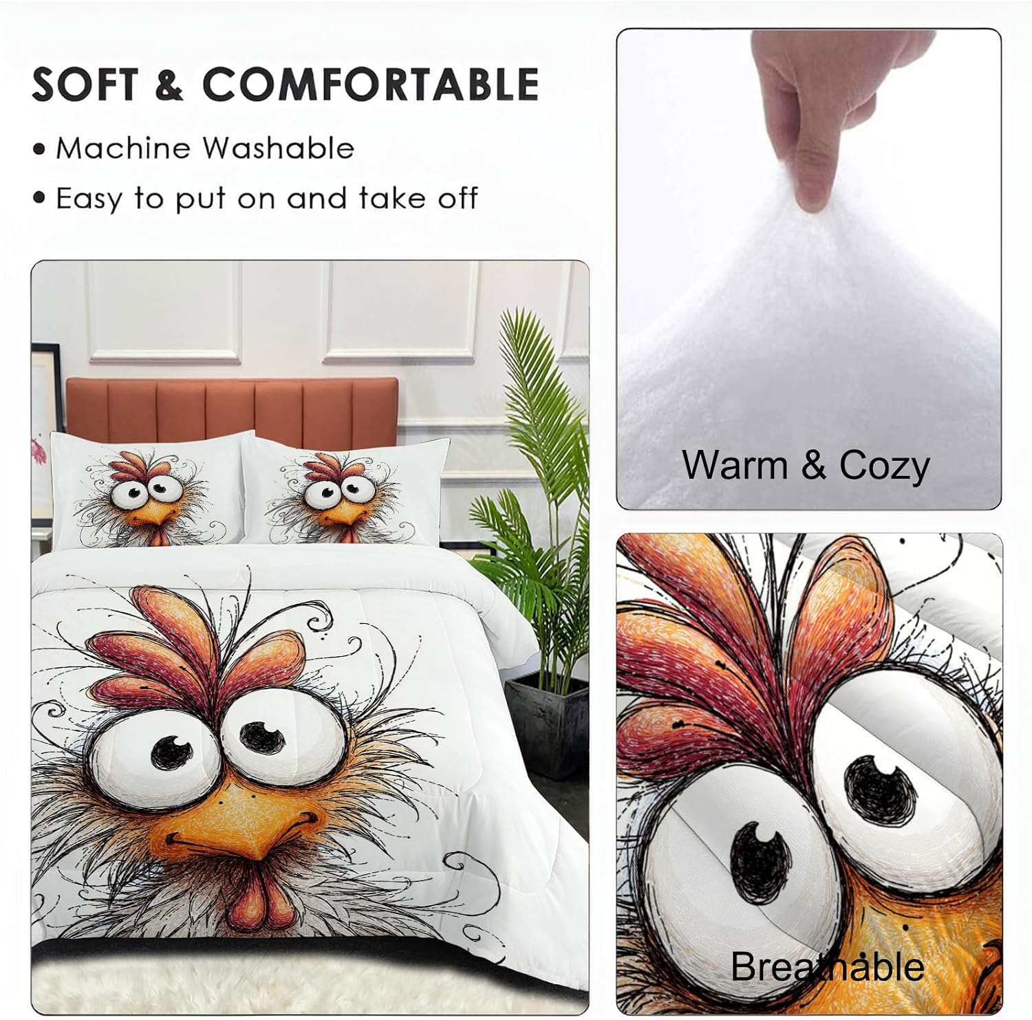 Graffiti Style Comforter Set King Size, Cartoon Chicken Bedding Set for Girls Boys, White Quilt Bed 104"X90" Bedding Comforter Sets with 2 Pillowcase Room Decor