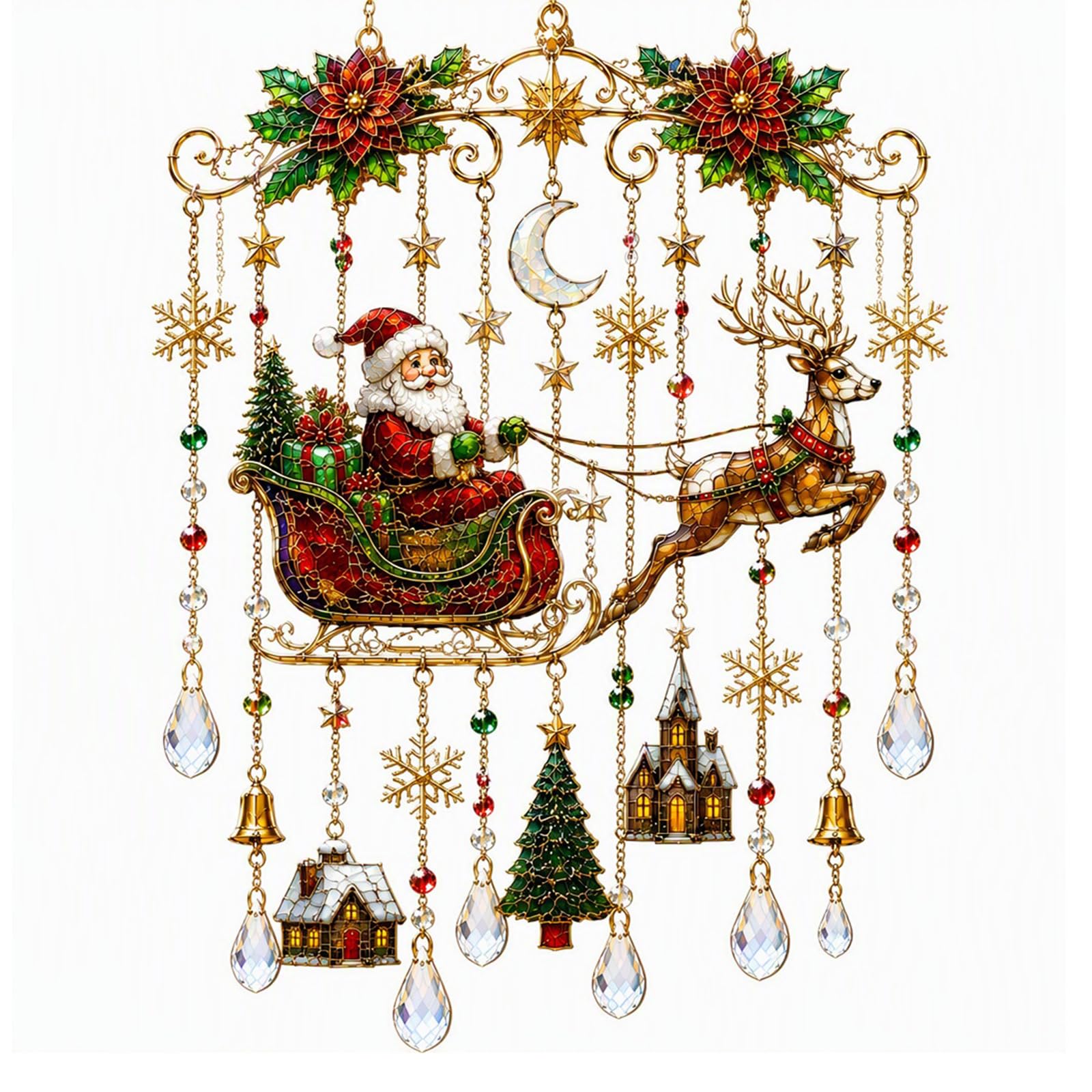 Christmas-Themed Metal Wind Chime,Christmas Glass Suncatcher Wind Chime