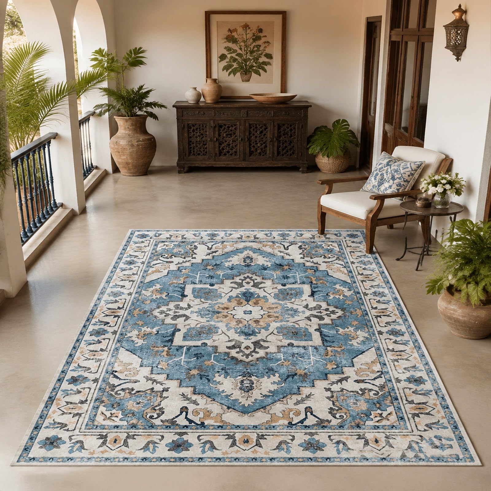 Generisch Dywan do salonu, styl vintage, niebieski, beżowy, biały, szary, 150 x 220 cm, duży dywan do jadalni, na krzesła kuchenne, akcesoria do mieszkania, dekoracja sypialni