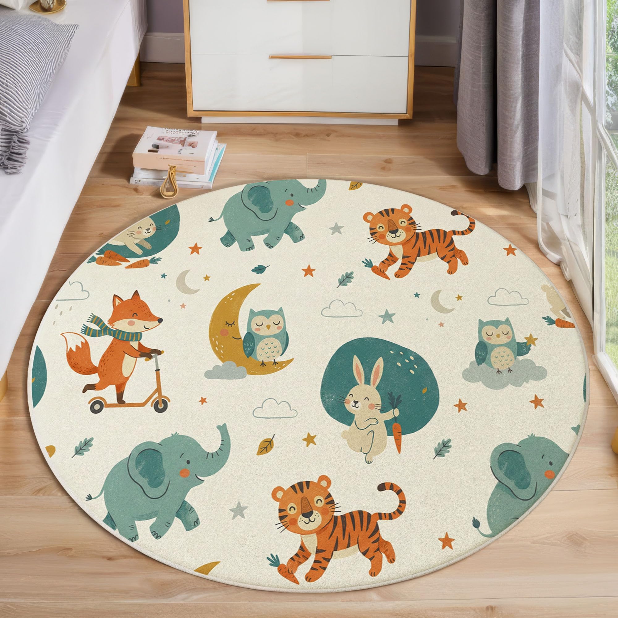 Tapis Chambre Enfant Rond Lapin, Éléphant, Lune - 120cm Antidérapant, Doux à Poils Courts Animaux Nocturnes De La Forêt Moquette Décoration pour la Chambre, Salle de Jeux, Blanc Cassé