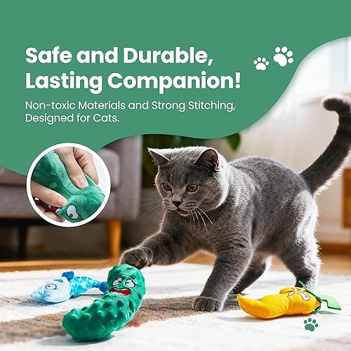 Miniatura 6 de Juego de 3 juguetes de hierba gatera  Pescado, chile y pepino, juguetes de peluche para gatos de interior, juguetes interactivos naturales rellenos