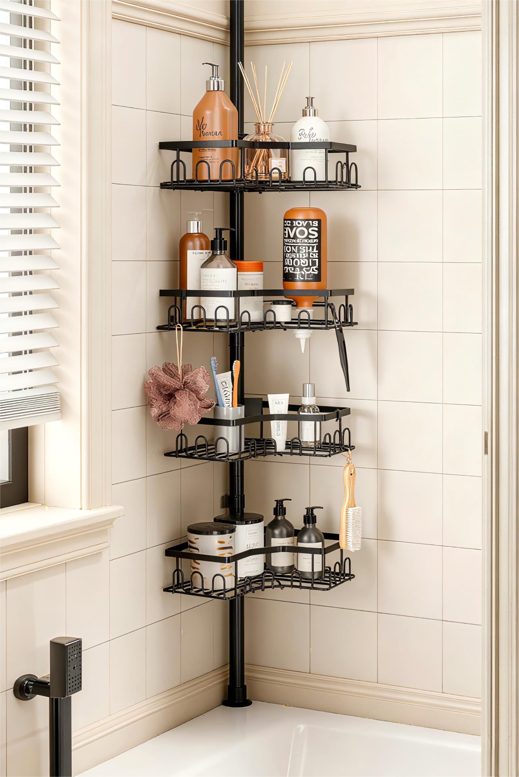 HouseUp Corner Shower Caddy Tension Pole - 4-Tier Shower Corner Shelf for Bathtub Bathroom Shower Organizer - Adjustable