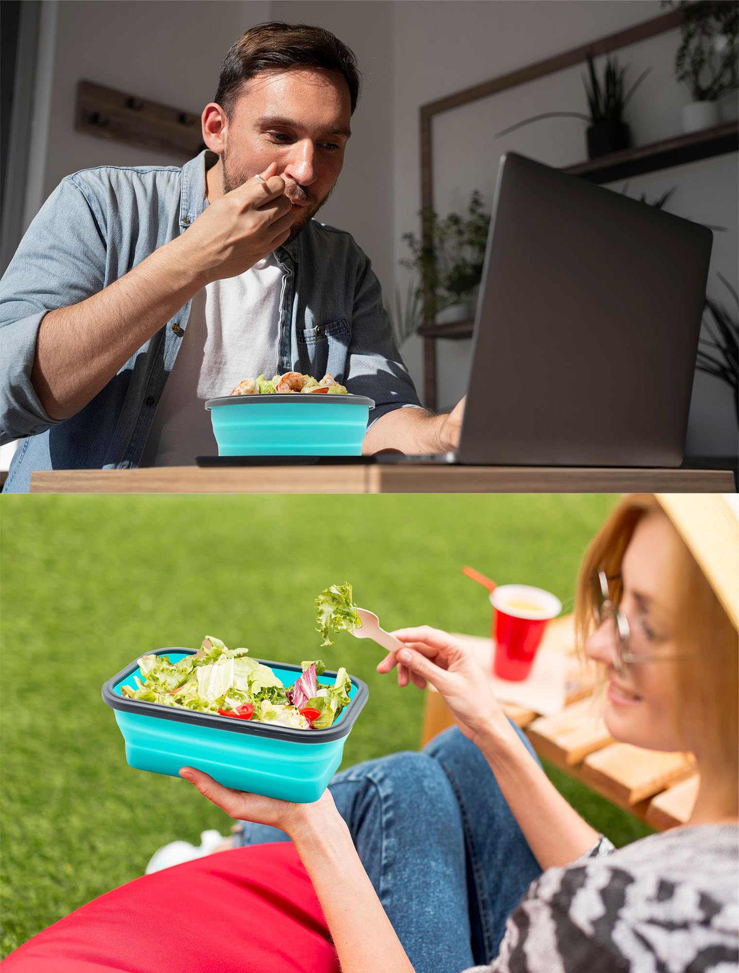 Lunememo Contenitori Pieghevoli Per Alimenti, Adatti al Congelatore e Alla Lavastoviglie, Contenitori per Pranzo in silicone, Adatto per Campeggio, Coperchio, 16 Pezzi, Blu