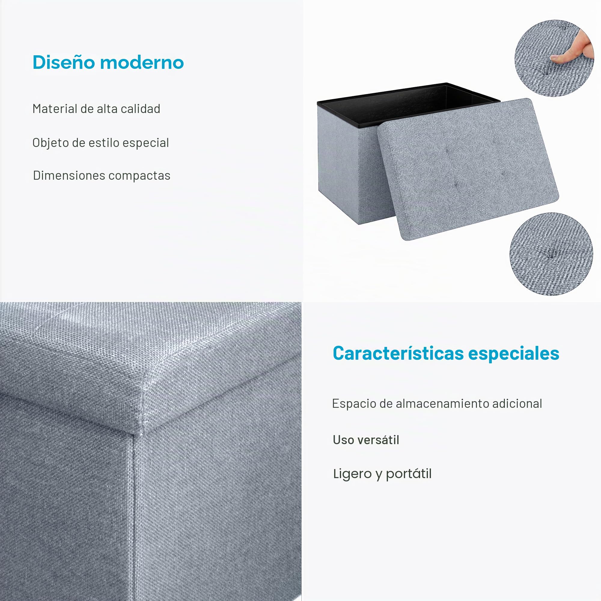 INTIRILIFE Banco Plegable 49x30x30cm en Gris - Asiento Cubo de Tela con Espacio de Almacenamiento y Tapa en Aspecto de Lino - Asiento Cubo reposapiés Plegable Caja de Almacenamiento arcón Taburete