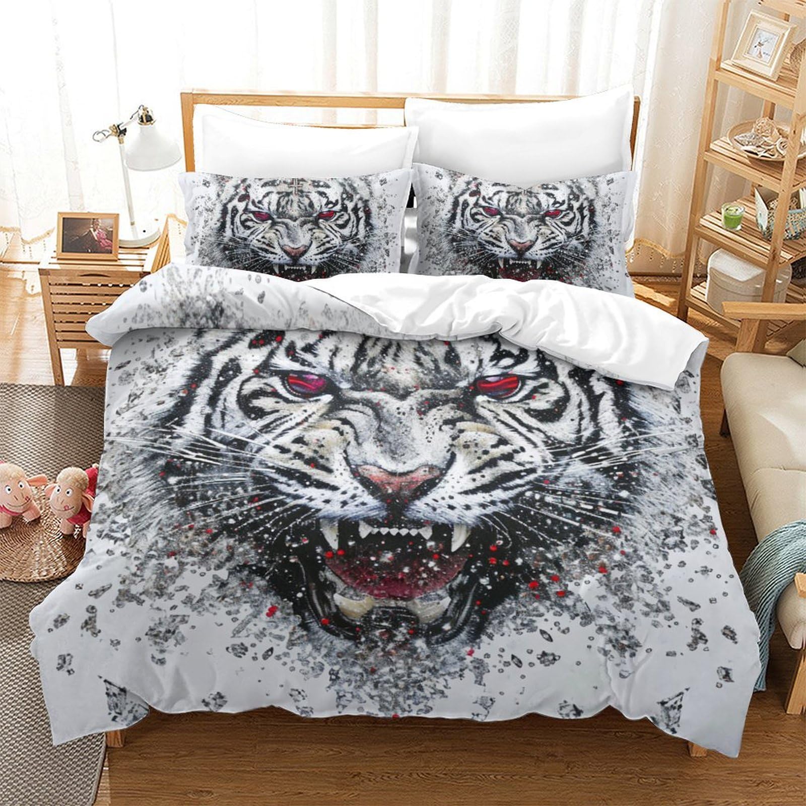Parure de lit tigre 3D en microfibre king 220x240 cm avec ses deux taies d'oreiller