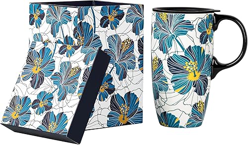 Topadorn Taza de café de cerámica para regalo con tapa de 17 onzas, taza de té alta de porcelana con asa para el hogar y la oficina, taza con patrón