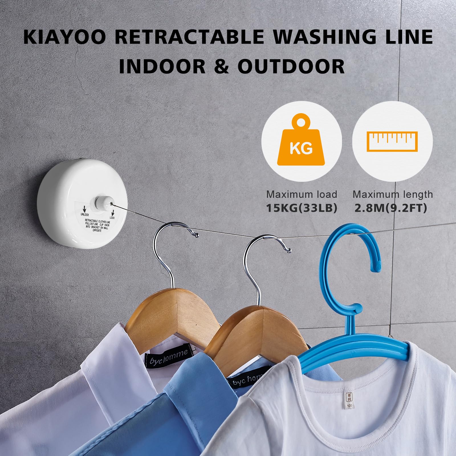 Corda Stendibiancheria Retrattile Da Parete KIYOO - 4.3m, Carico 25kg, Per Interno/Esterno - Foto 11