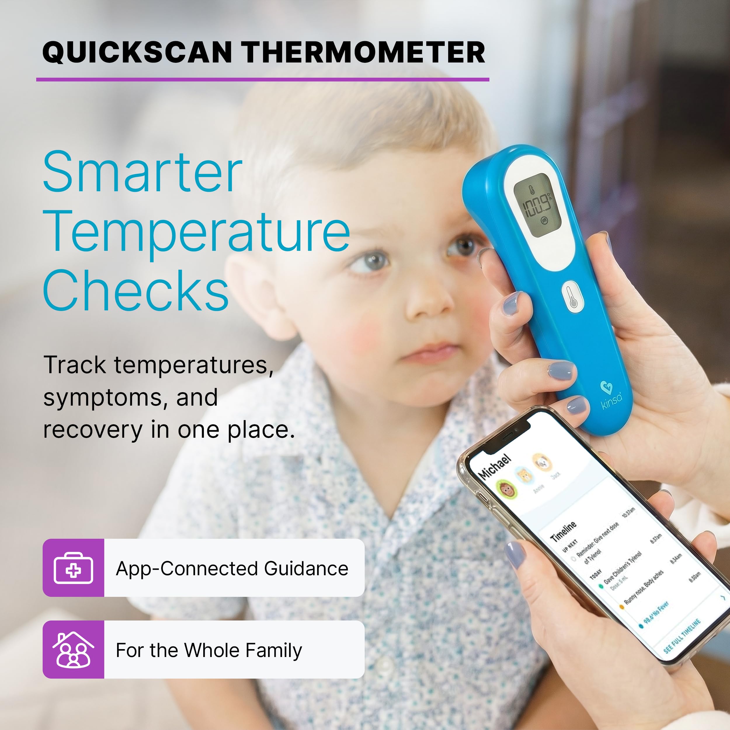 Kinsa QuickScan - Termometro intelligente senza contatto per fronte, con app, si abbina allo smartphone per monitorare la salute della famiglia e ottenere indicazioni sulle malattie, senza contatto