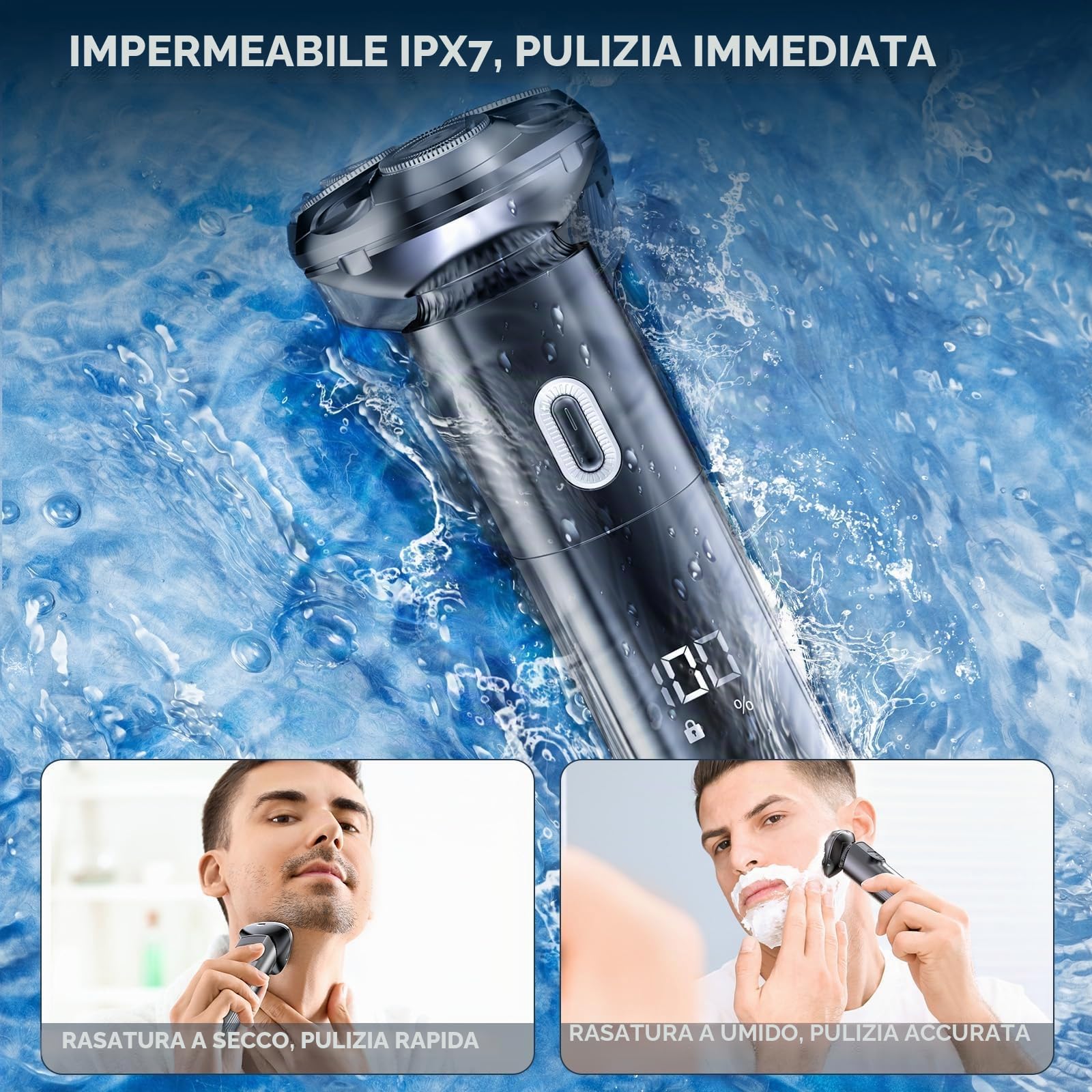 Rasoio elettrico da uomo rasoio elettrico - rasoio da uomo elettrico 3D a secco con testine di rasatura magnetiche IPX7 con blocco da viaggio rasoio bagnato e asciutto