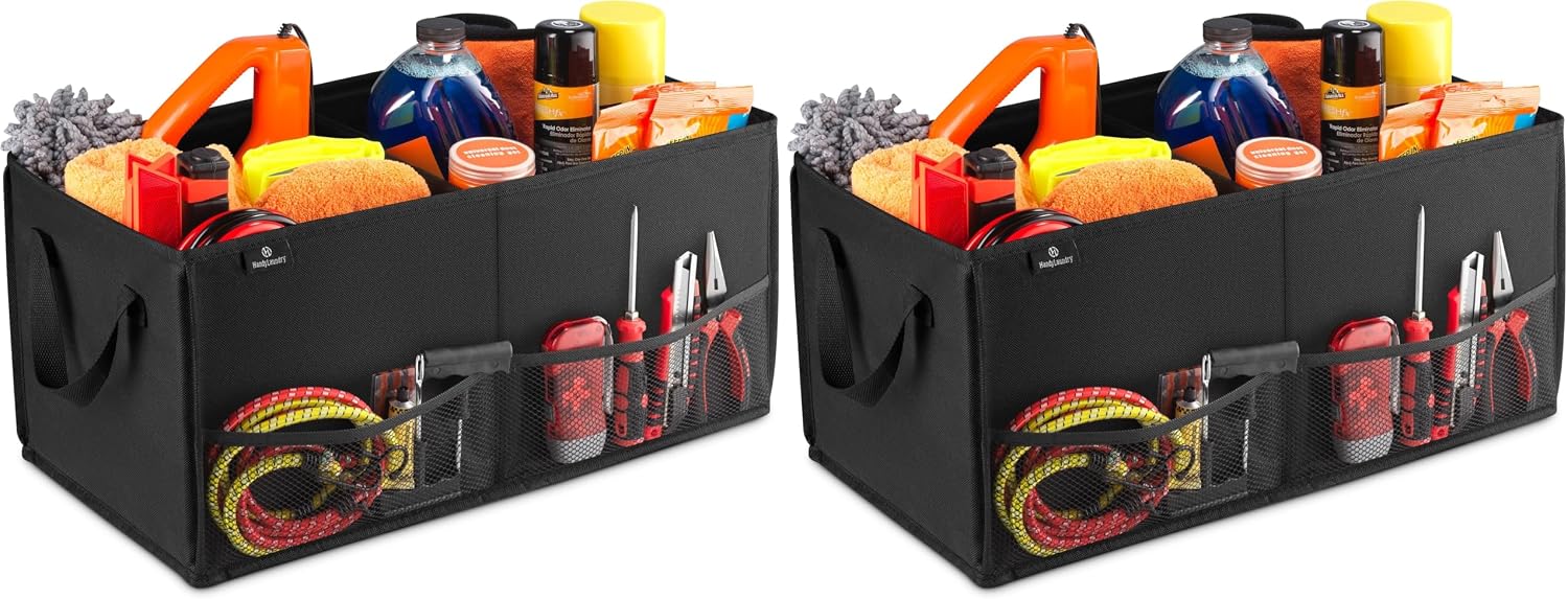 Handy Laundry Fold-Away Car Trunk Organizer – Non-Slip Securing Fasteners – 22 x 10 x 11 Inches – Prevents Shifting and Rolling (Black) (Pack of 2)