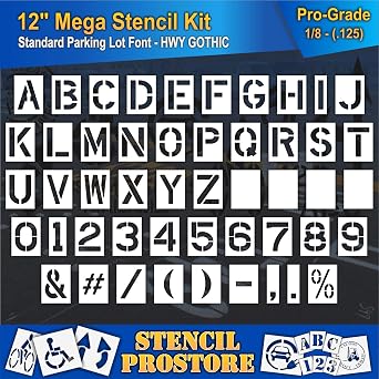 Pavement Stencils -12 inch MEGA Alpha/NUM Set - 64 Piece - 12" x 9" x 1/8" 128 mil - Pro-Grade