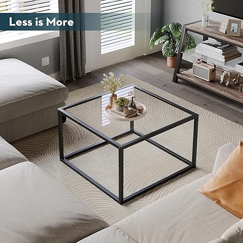 Miniatura 14 de SAYGOER Mesa de centro de cristal, mesa de centro pequeña y moderna, mesas centrales cuadradas simples para sala de estar, 26.7 x 26.7 x 17.7
