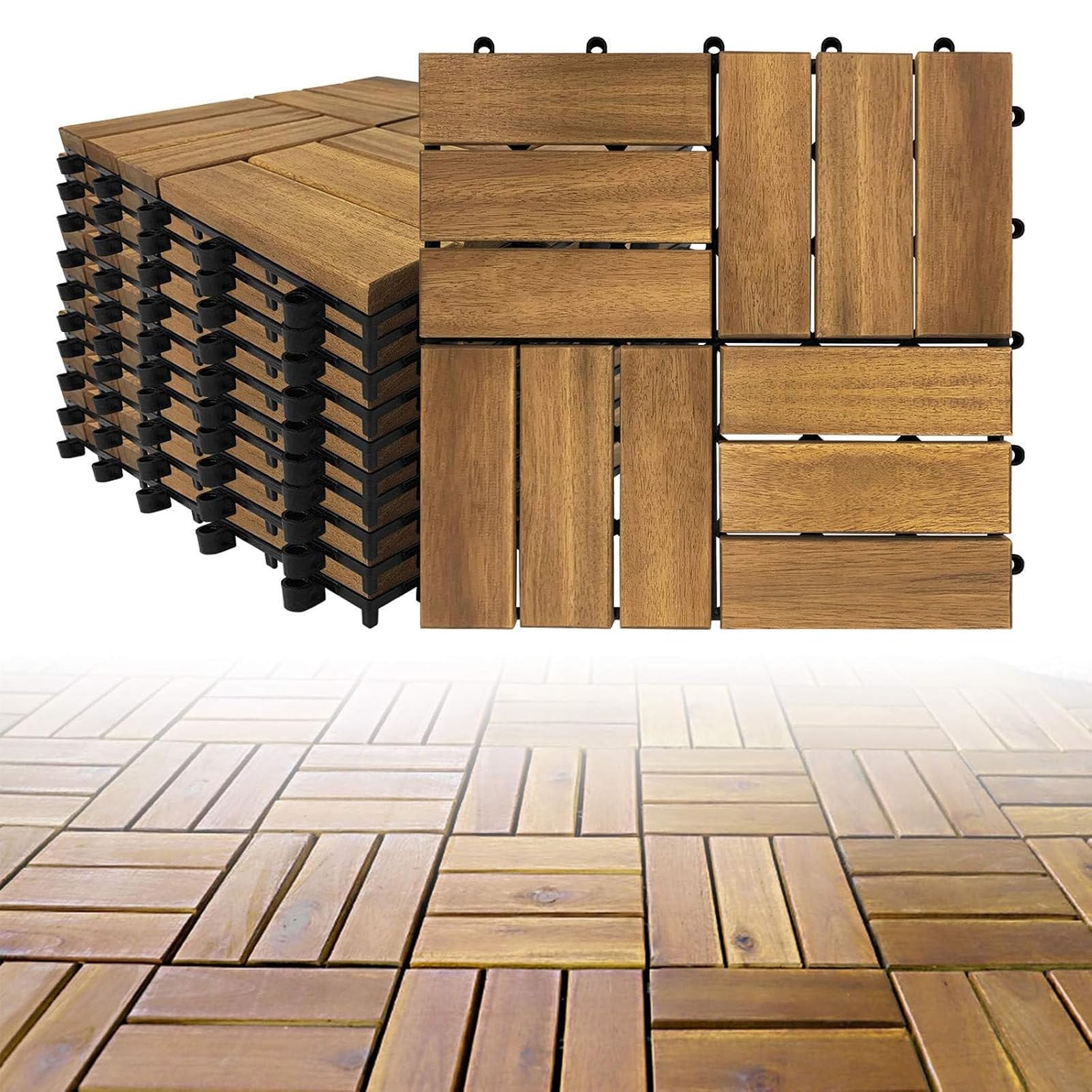 Piastrelle a Incastro in Legno 30x30 cm con Base in PE 12-Slat-12pc | Confezione da 11 pezzi (1 m²) –Pavimentazione in legno di acacia per esterni;piastrelle antiscivolo con sistema a incastro
