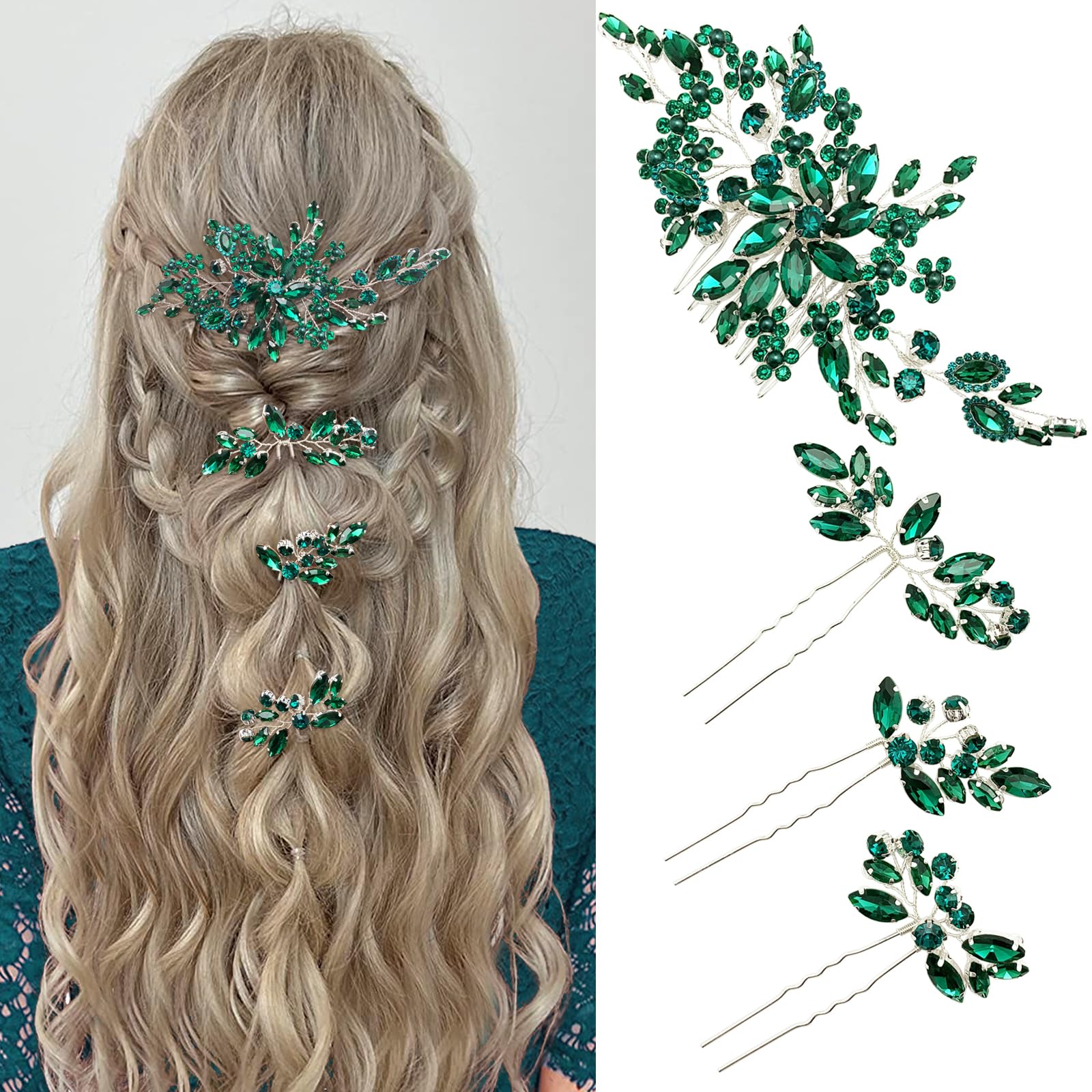 BETITETO Crystal Wedding Hair Accessories 4pcs Bridal Rhinestone Flower Hair Side Combs Pins Pieces for Women Girls (Green)