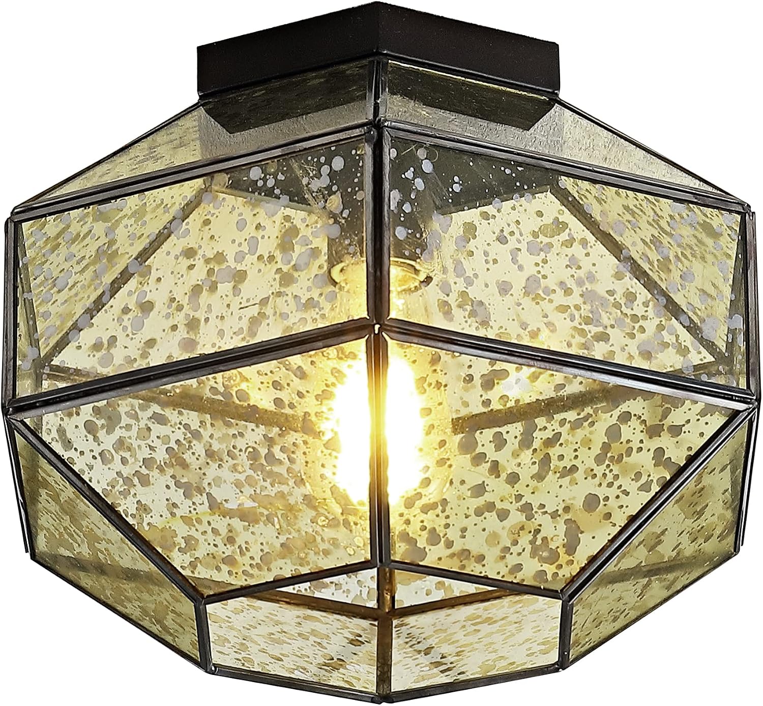 JONATHAN Y 12.5" Oil Rubbed Bronze 1-Light Iron and Glass Flush Mount, Vintage Farmhouse Bohemian Ceiling Light, Mercury Glass Hexagon Lantern, LED Bulb Included JYL9924A