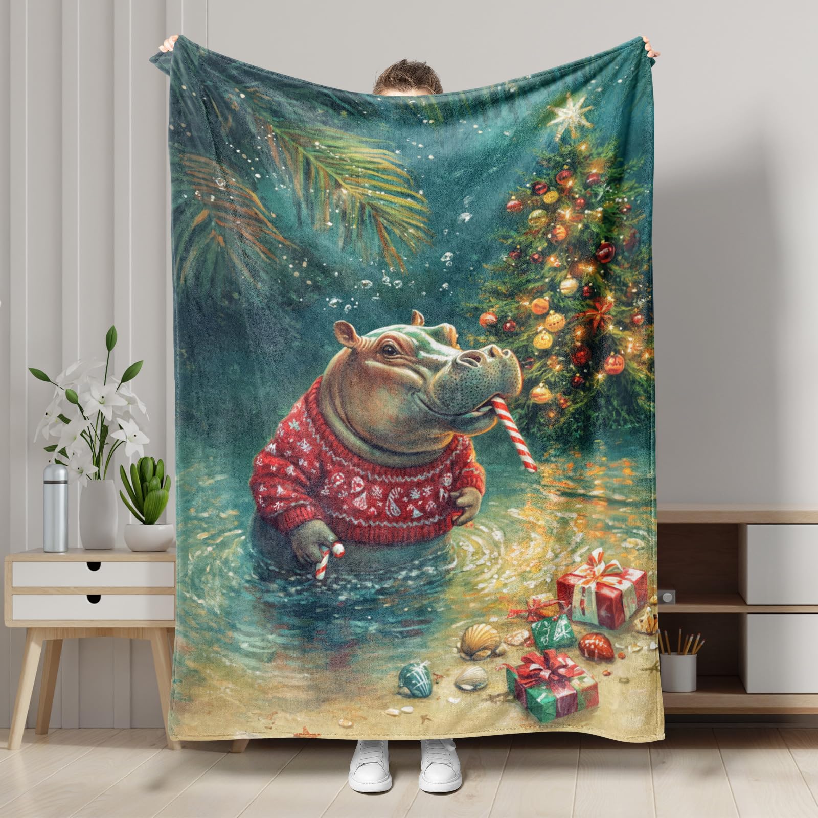 Festive Hippo Blanket, Colorful Holiday Sweater Hippo Design Throw Blanket, Soft Plush Fleece for Cozy Winter Nights, Christmas Decor for Sofa, Camping, Travel, All Season 40x50 Inch