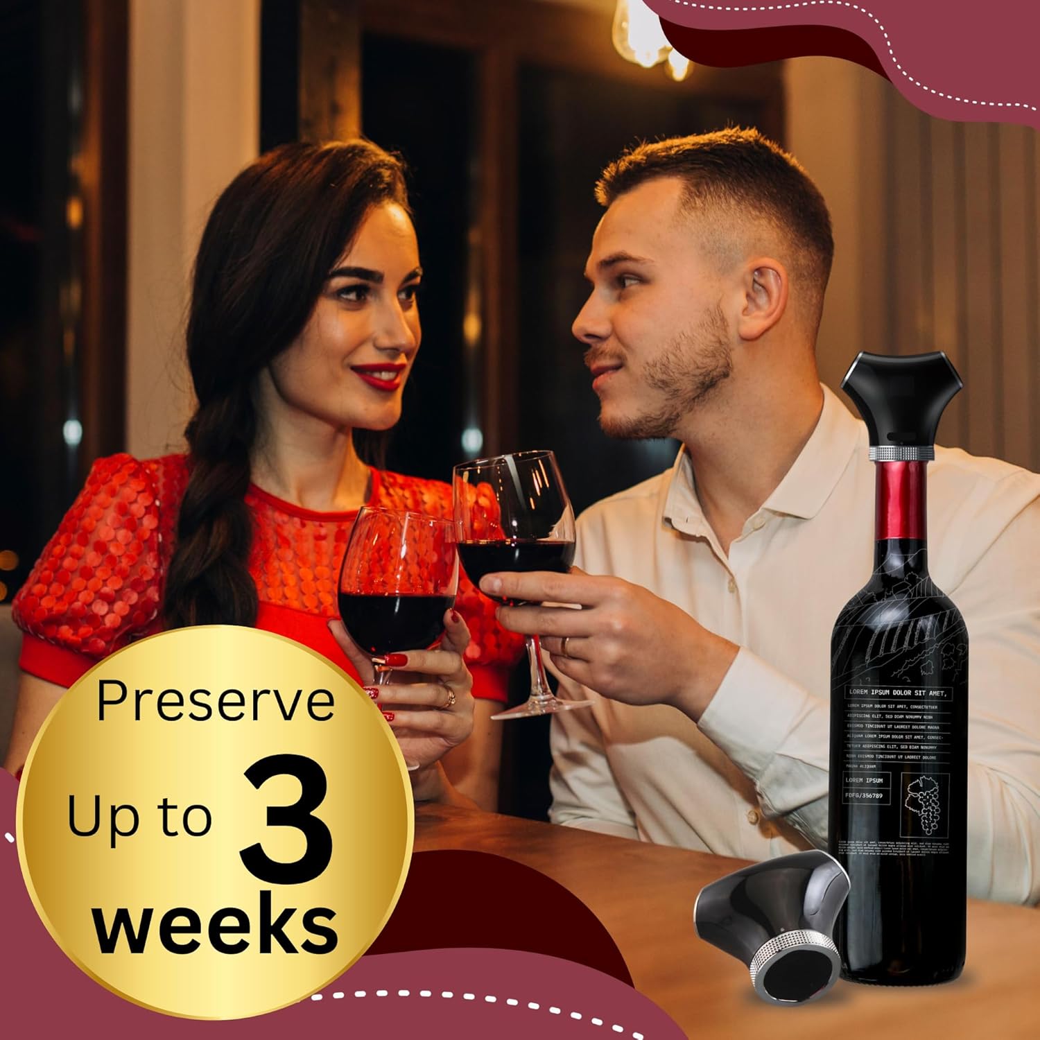 Rechargeable Smart Wine Bottle Stopper and Preserver with 2 Plugs, Keep Wine Fresh for 3 WEEKS, Automatic Vacuum Pump with Food-Grade Silicone, Wine Preserver Stopper, Ideal Gift for Wine Lovers