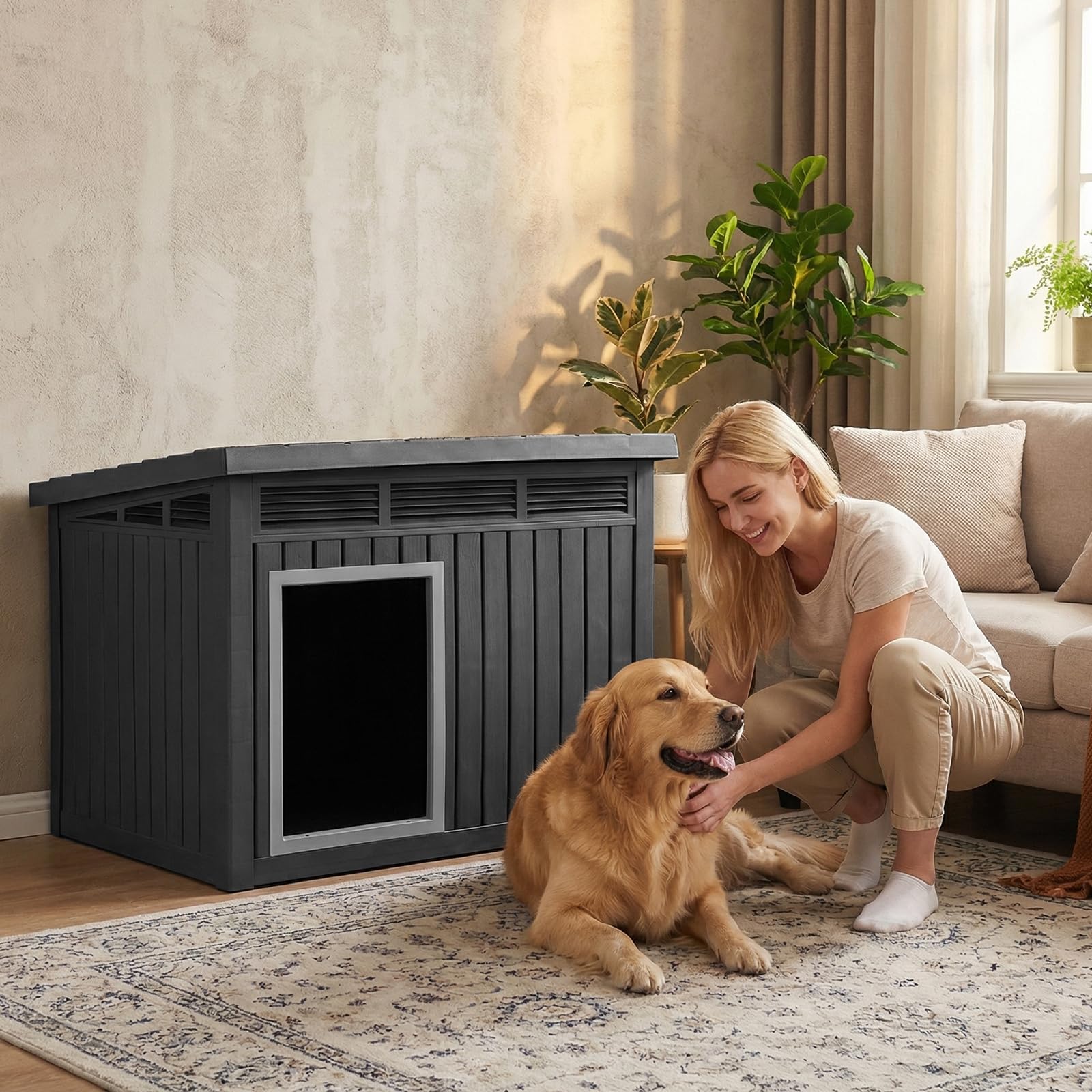 COSTWAY Caseta para Perros Exterior, Casa para Perros de Plástico con Puerta, Techo Inclinado Abatible, Rejillas de Ventilación, Mueble Perrera para Mascotas, 81 x 64 x 61 cm, Negro