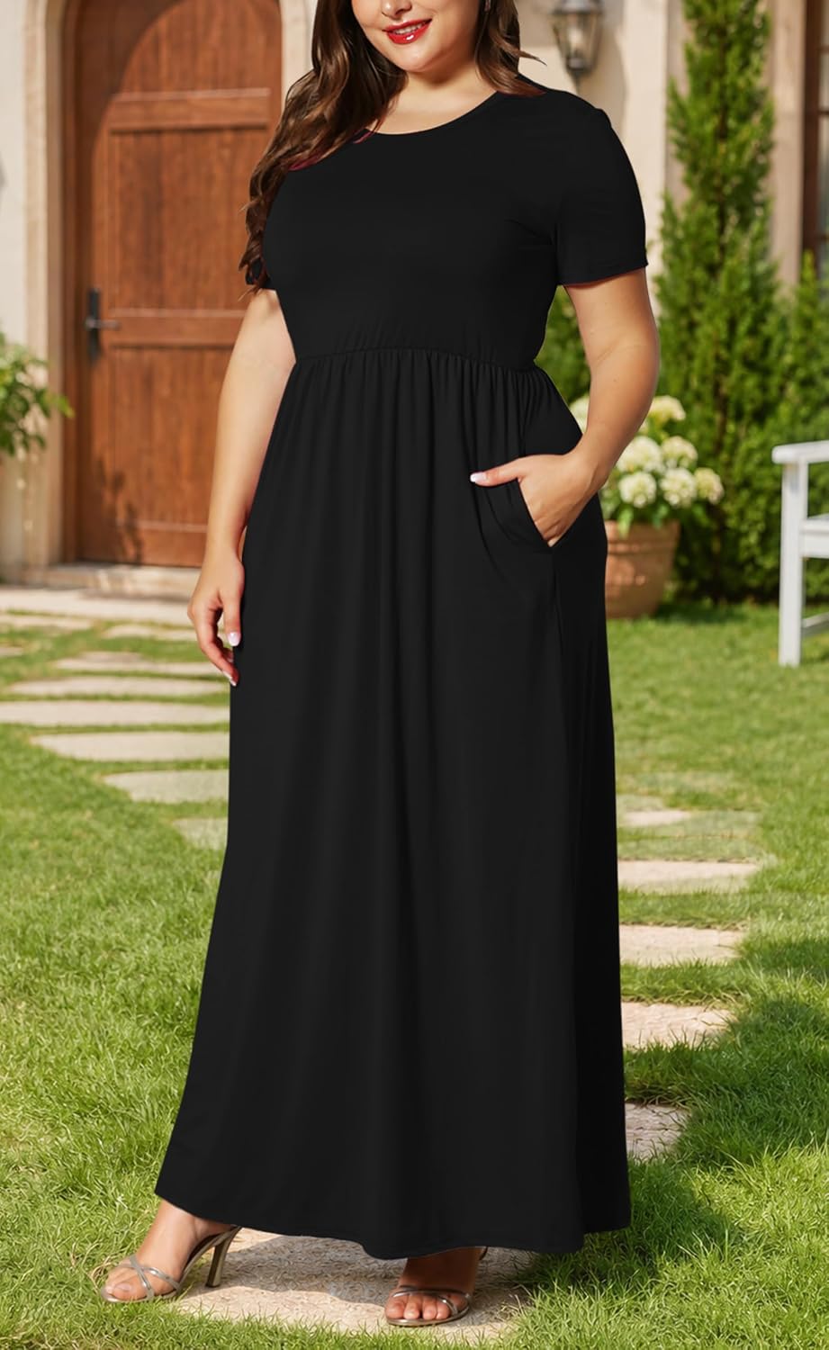 KARALIN Women Plus Size Maxi Dress Short Sleeve Round Neck Loose Fit A-Line | Plus Size Long Dress,Summer Casual Maxi Dresses,Short Sleeve,Side Pockets,Round Neck,Elastic Waist,14 Plus – 26 Plus