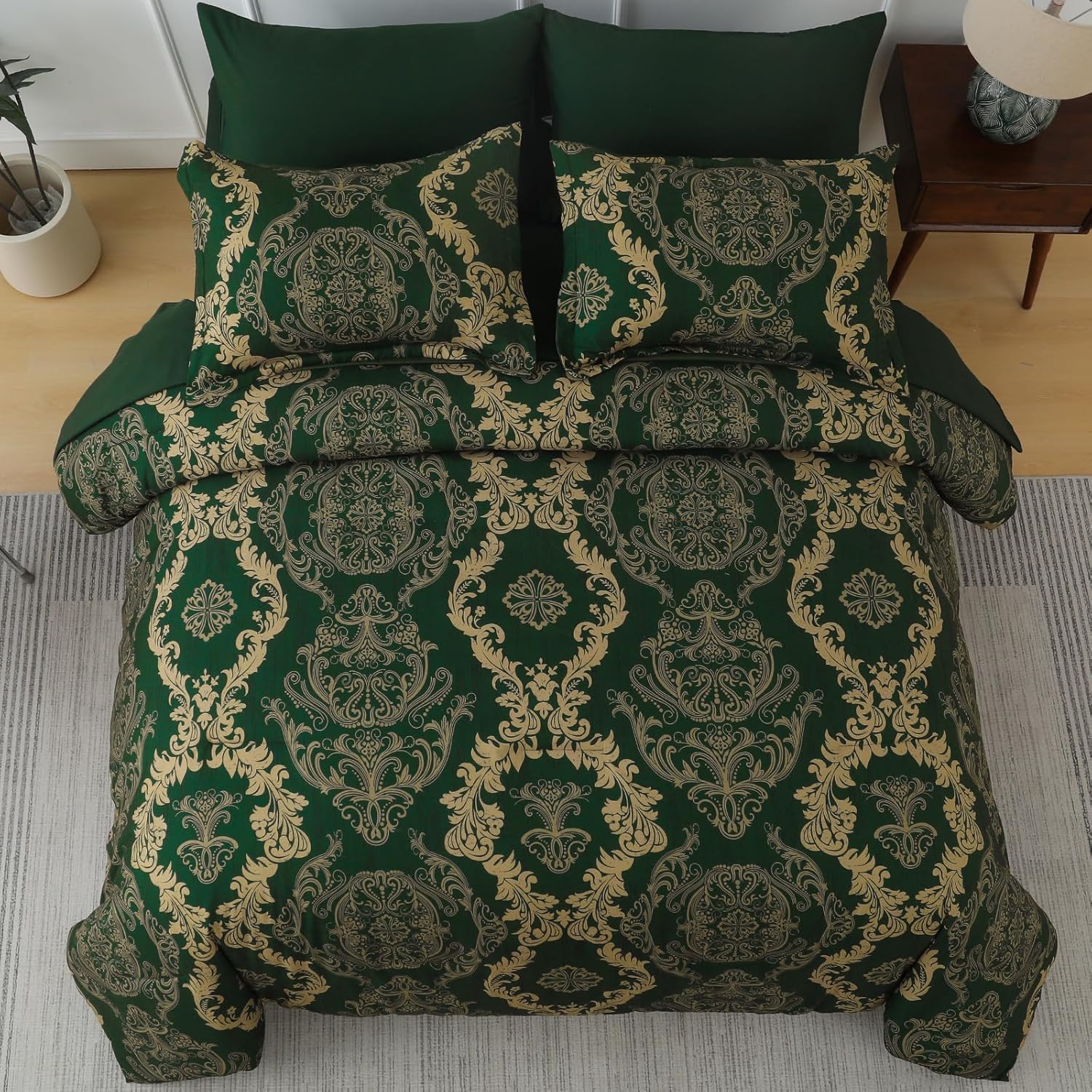 WONGS BEDDING Green Damask King Size Comforter Set, 7 Piece Texture Microfiber Comforter Bedding Set for All Season, Bed in a Bag with Comforter, Flat Sheet, Fitted Sheet, Pillowcases & Shams - Image 3