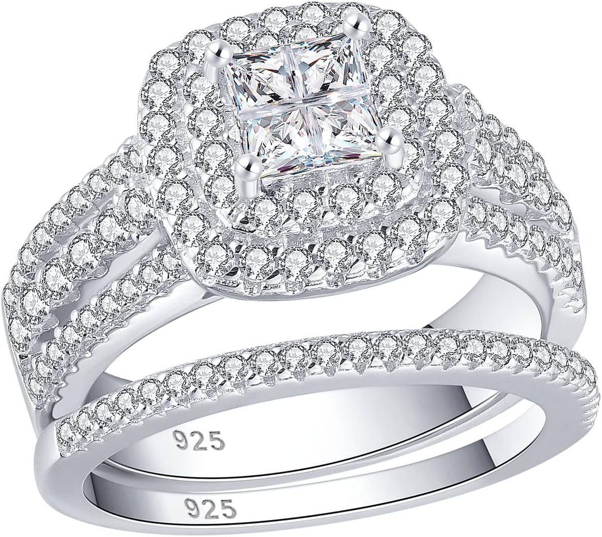 1.7Ct Sterling Silver Wedding Ring Sets for Women Princess Engagement Band 18k White Gold Square Cz Size 5-10