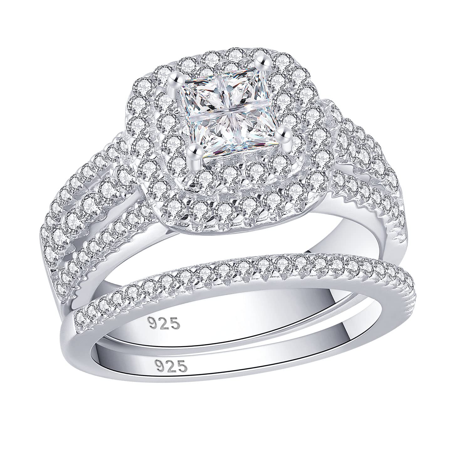 1.7Ct Sterling Silver Wedding Ring Sets for Women Princess Engagement Band 18k White Gold Square Cz Size 5-10