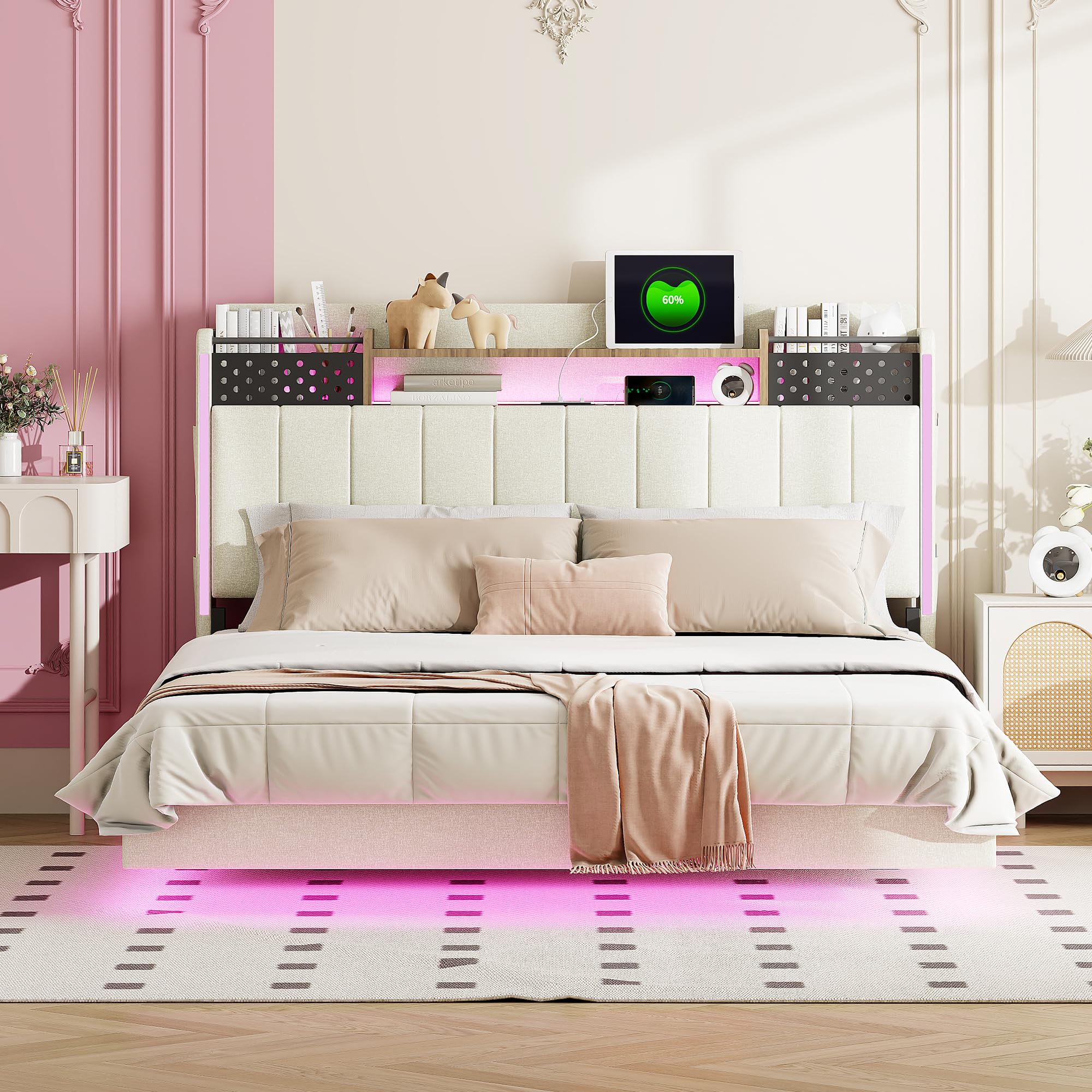 KEYIDE Letto Matrimoniale Imbottito 140x200 Con LED RGB E Porte USB - Contenitore Idraulico Con Rete A Doghe - Grigio