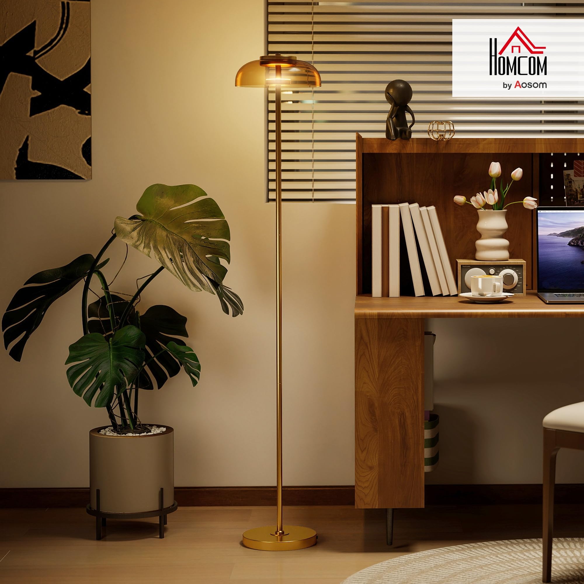 HOMCOM LED Stehlampe für Wohnzimmer, Standleuchte, Warmes 3000K, Messing | Stehleuchte mit Fußschalter, Standleuchte für Schlafzimmer und Wohnzimmer, Glühbirne Nicht Enthalten