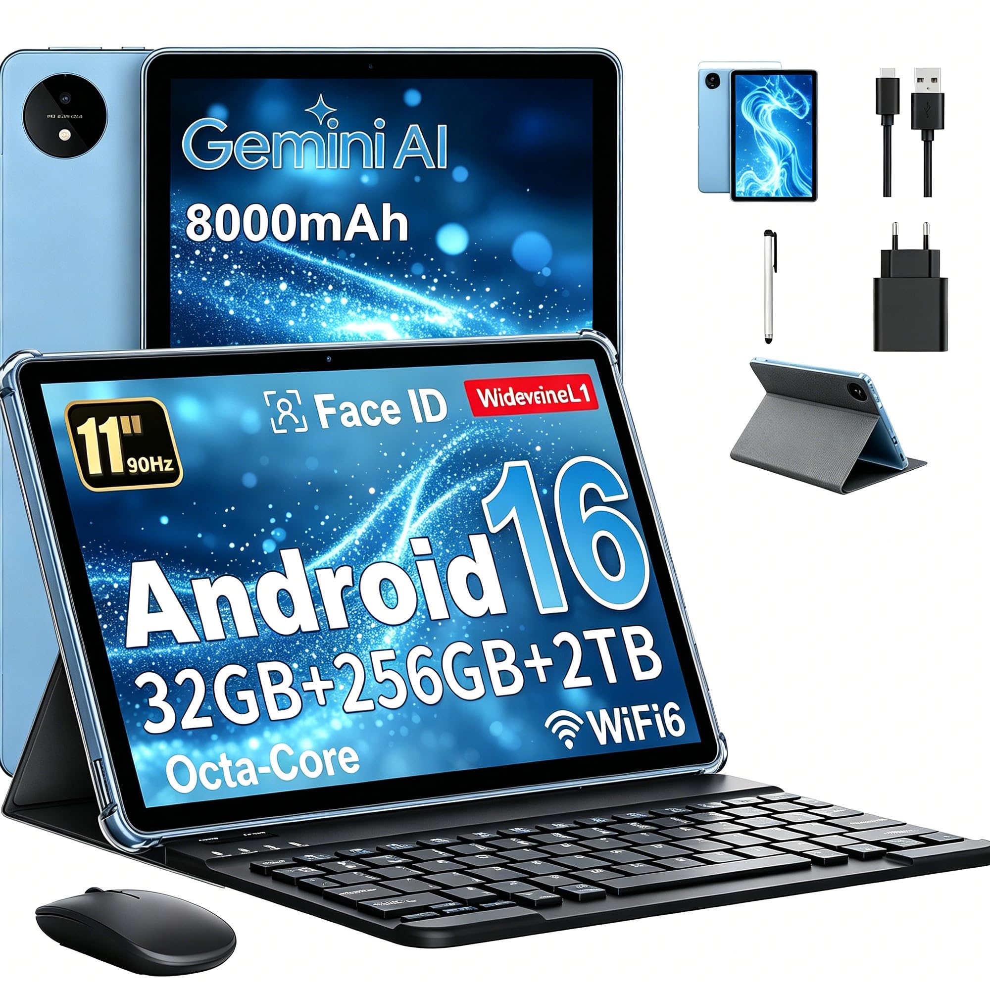 Tablet 11 Pollici con Gemini AI, Tablet Android 16 con Cover, Mouse & Tastiera, Octa-Core, 32 GB RAM + 256 GB ROM + 2 TB TF, 1920x1200 Display HD, 90 Hz, Fotocamera Doppia 8MP + 16MP, 8000mAh (Blu)