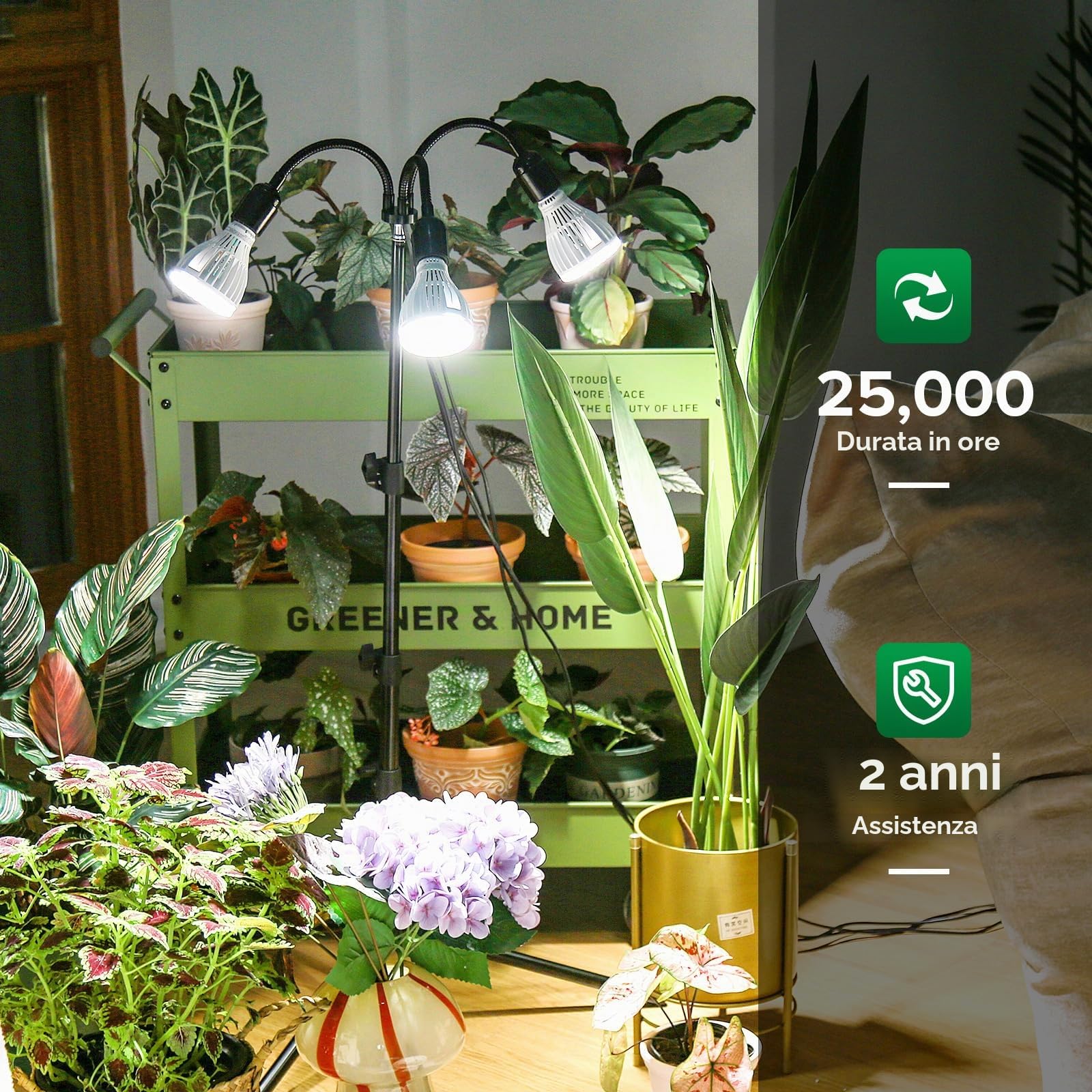 SANSI Lampada LED per Piante 90W con Treppiede, Lampada da Coltivazione a Spettro Completo da Interno con 3 Lampadine LED E27 Rimovibili, Collo D'oca a 360°, Stelo Estensibile da 40cm a 110cm
