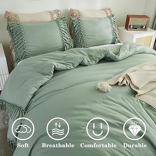 Miniatura 3 de Andency Juego de edredón verde salvia, tamaño Queen, 3 piezas, bohemio, ligero, vintage, suave, suave, para todas las estaciones (edredón de 90 x 90