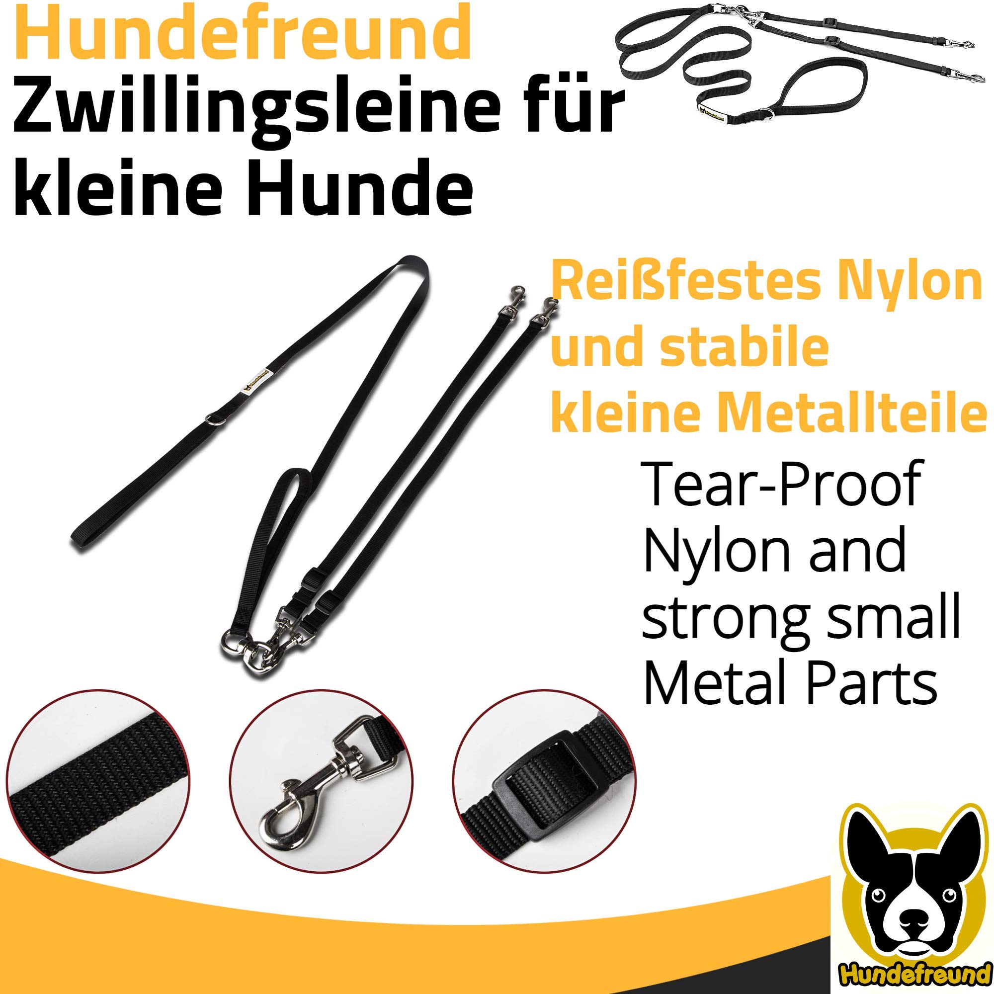 Hundefreund Zwillingsleine für Zwei Hunde bis 30 kg – Verstellbare Doppel-Hundeleine (160–180 cm) mit Drehgelenk, gepolstertem Griff & Rückhalteschlaufen