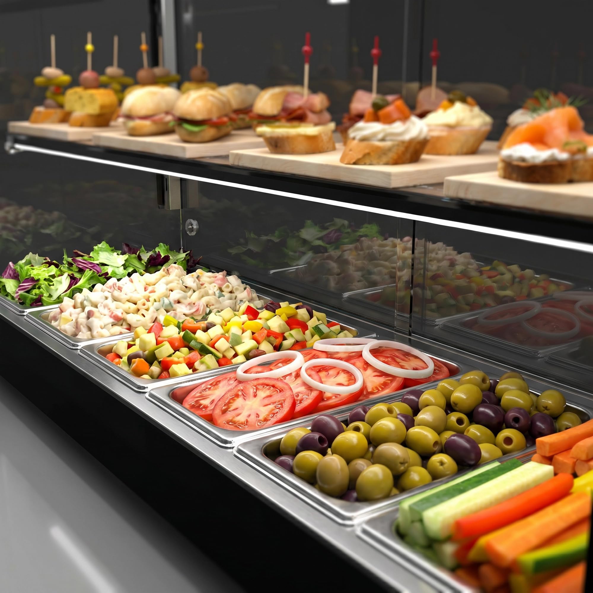Vitrina de tapas Logic WORLDMAI x SAYL, 132 x 38 cm, 2 pisos y 6 cubetas GN 1/3 para hostelería. Vitrina expositora refrigerada profesional de sobremesa con iluminación LED, para bar y restaurante.