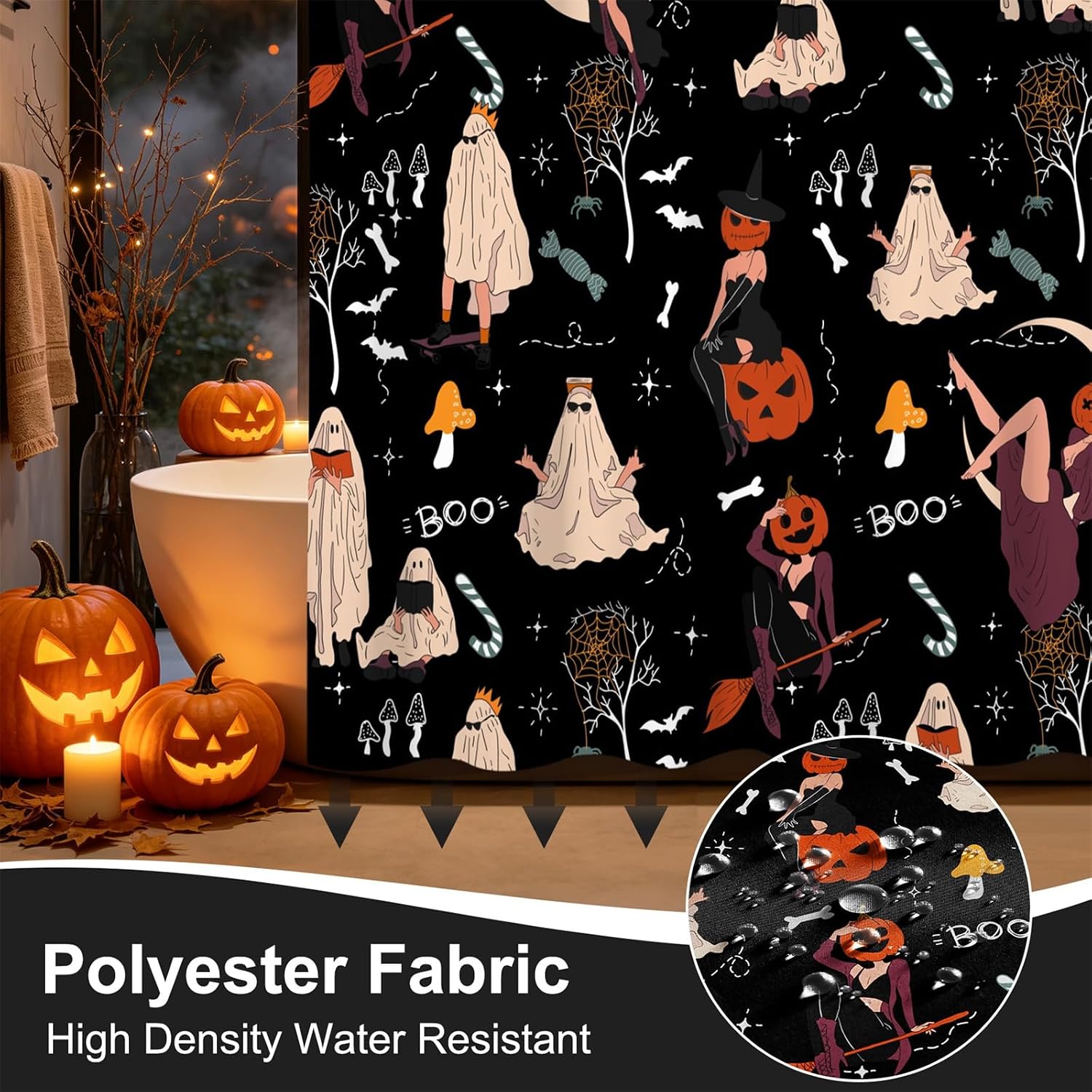 Renaiss 72x72 Inches Halloween Boo Shower Curtain Funny Ghost Pumpkin Spooky Bat Wizard Hat Candy Cartoon Fabric Shower Curtain for Bathroom Decor Set Waterproof Polyester with Hooks image 3