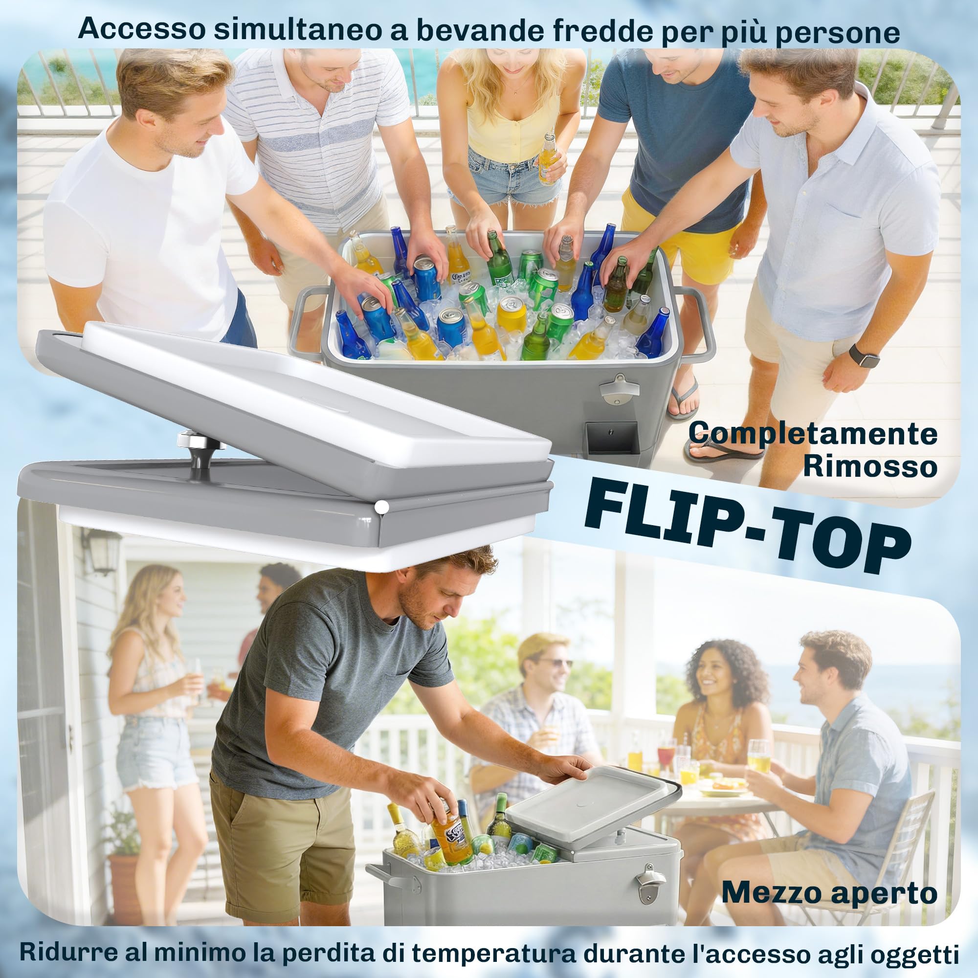 Outsunny Ghiacciaia da Giardino 76L, Carrello Portavivande con Ripiano, Apribottiglie, Ruote Bloccabili, Argento