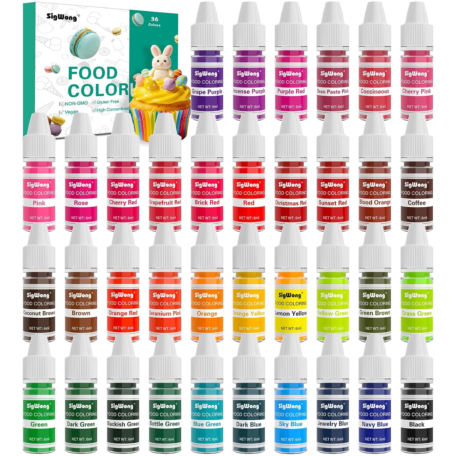 Food Coloring - 36 Color Neon Liquid Set (SigWong Store) – Gluten-Free, Vegan-Friendly for Baking, Decorating, Slime, and DIY Crafts