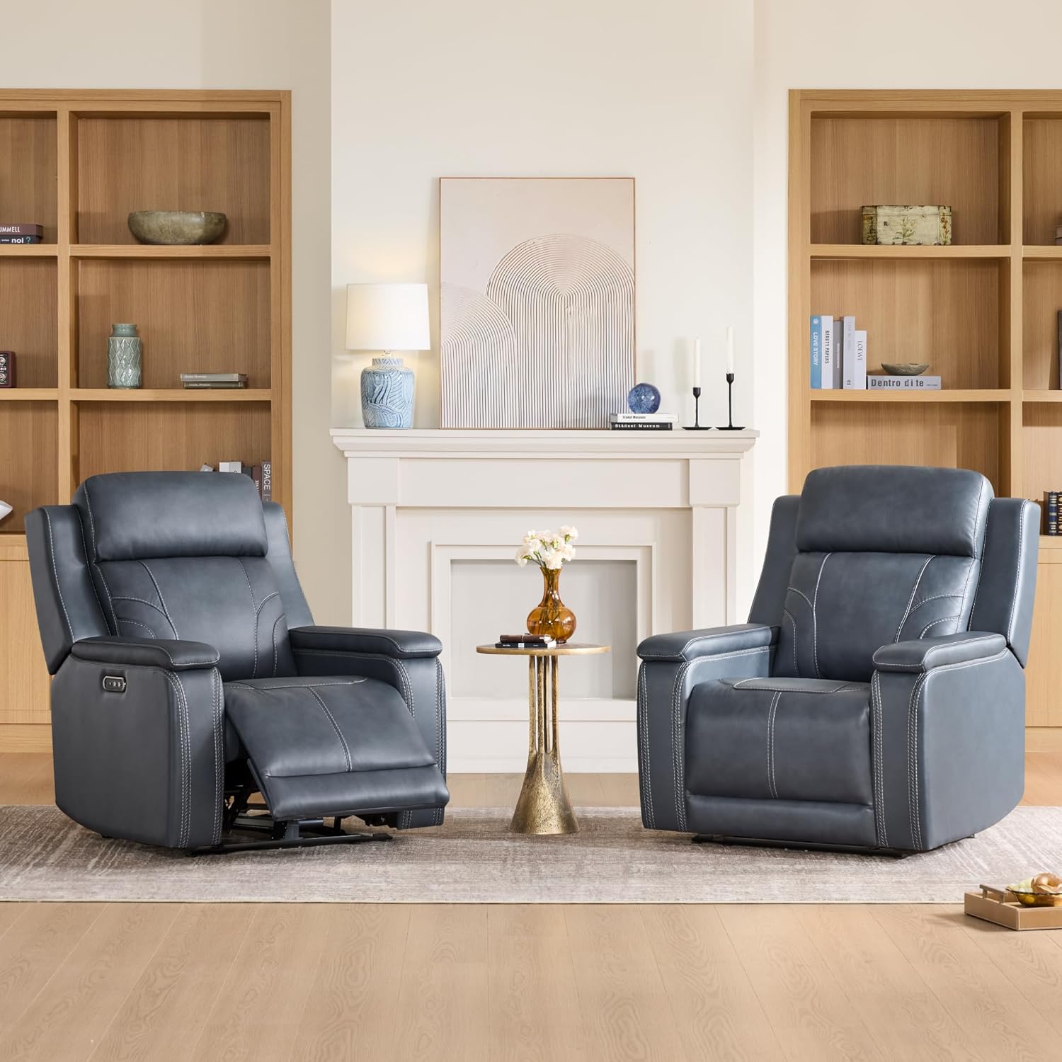 Watson & Whitely Genuine Leather Electric Recliner Chairs for Adults, Lay Flat Recliner with Power Headrest & Chargers for Living Room, Navy