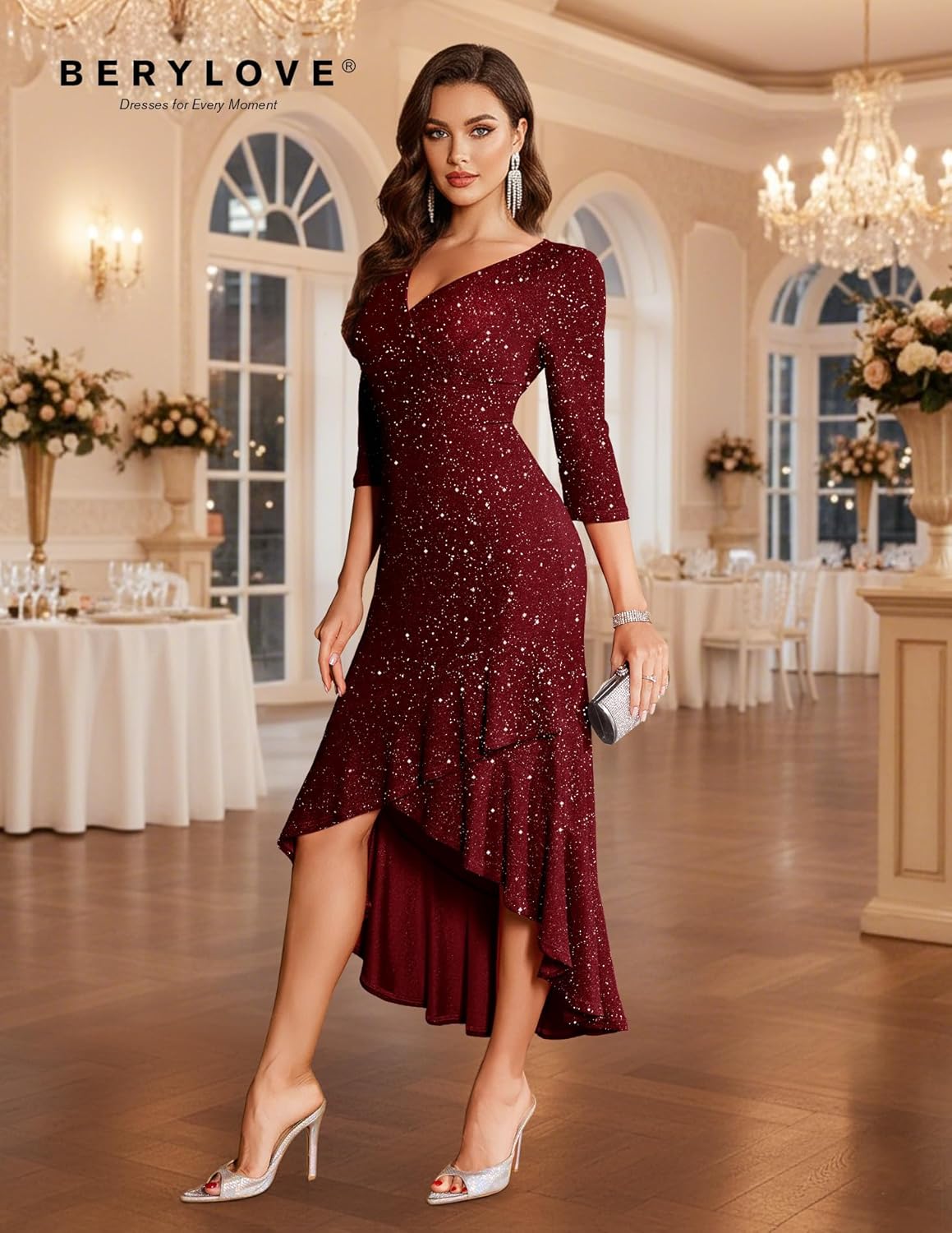 BeryLove Sequin Formal Cocktail Wedding Guest Dress Prom Sparkly Party Evening Gowns Ruffle Hi Low Midi Dresses - Image 4