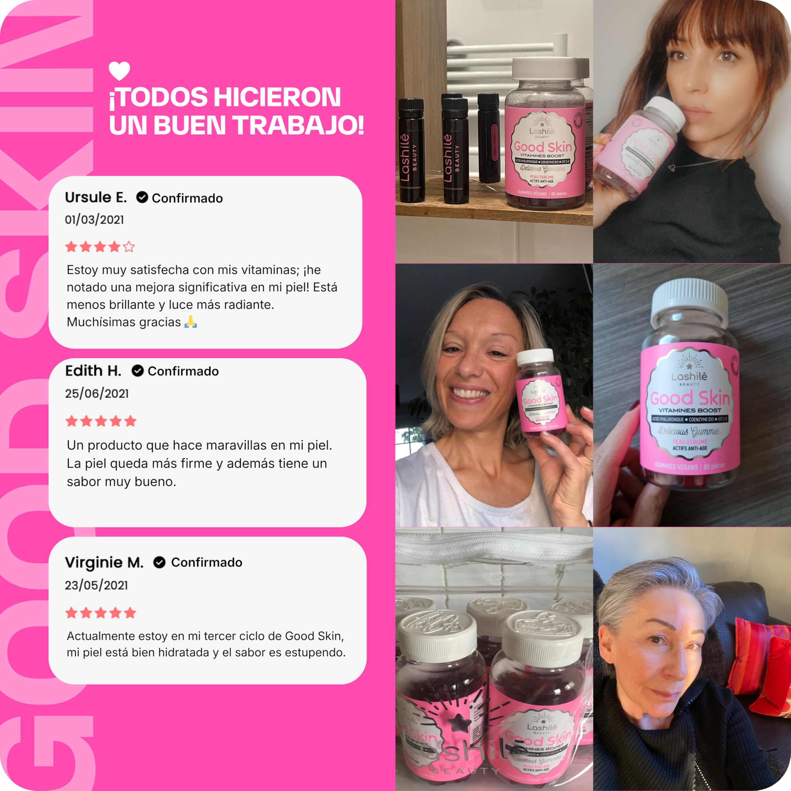 Lashilé Beauty - Complementos Alimenticios - Antiedad global, firmeza y luminosidad de la piel - Good Skin Vitamines - Ácido hialurónico, Q10, Vitaminas C y E - Fabricado en Francia - 120 Gummies