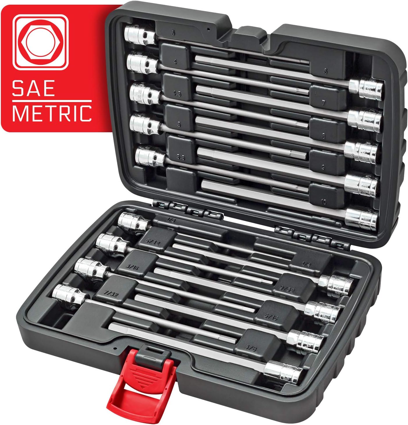 18-Piece Extra Long Hex (Allen) Bit Socket Set, SAE 1/8 to 3/8 in. and Metric 3 to 10mm, 3/8 in. Drive, S2 Steel, CrV Sockets, 6.1 in. Length, Durable Case