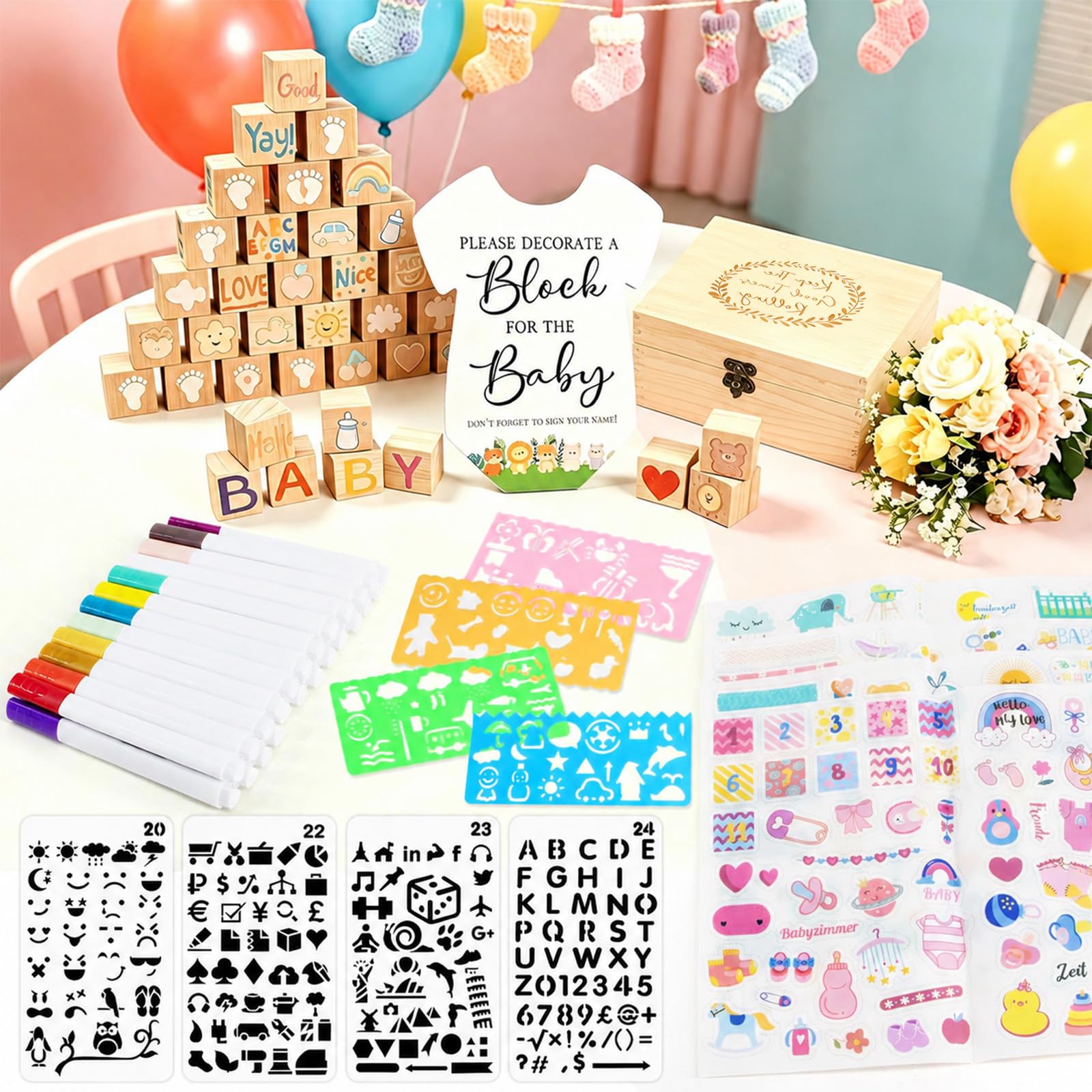 KASURE 90 PCS Baby Shower Games Kit - Complete Set with 52 Wooden Blocks, 8 Stencils, 24 Paint Pens,8 Template rulers & 4 Sticker - DIY Gender Reveal Party Decor & Activities for Baby