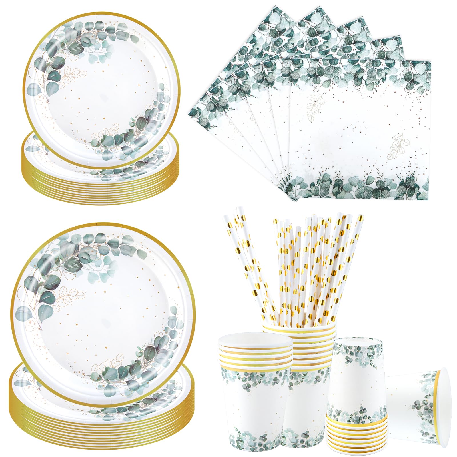 Aitsite 100 Stück Eukalyptusblatt Partygeschirr Set, 20 Gäste Eukalyptusblatt Teller Set, Eukalyptusblatt Geburtstag Geschirr, Kindergeburtstag Teller Becher Servietten