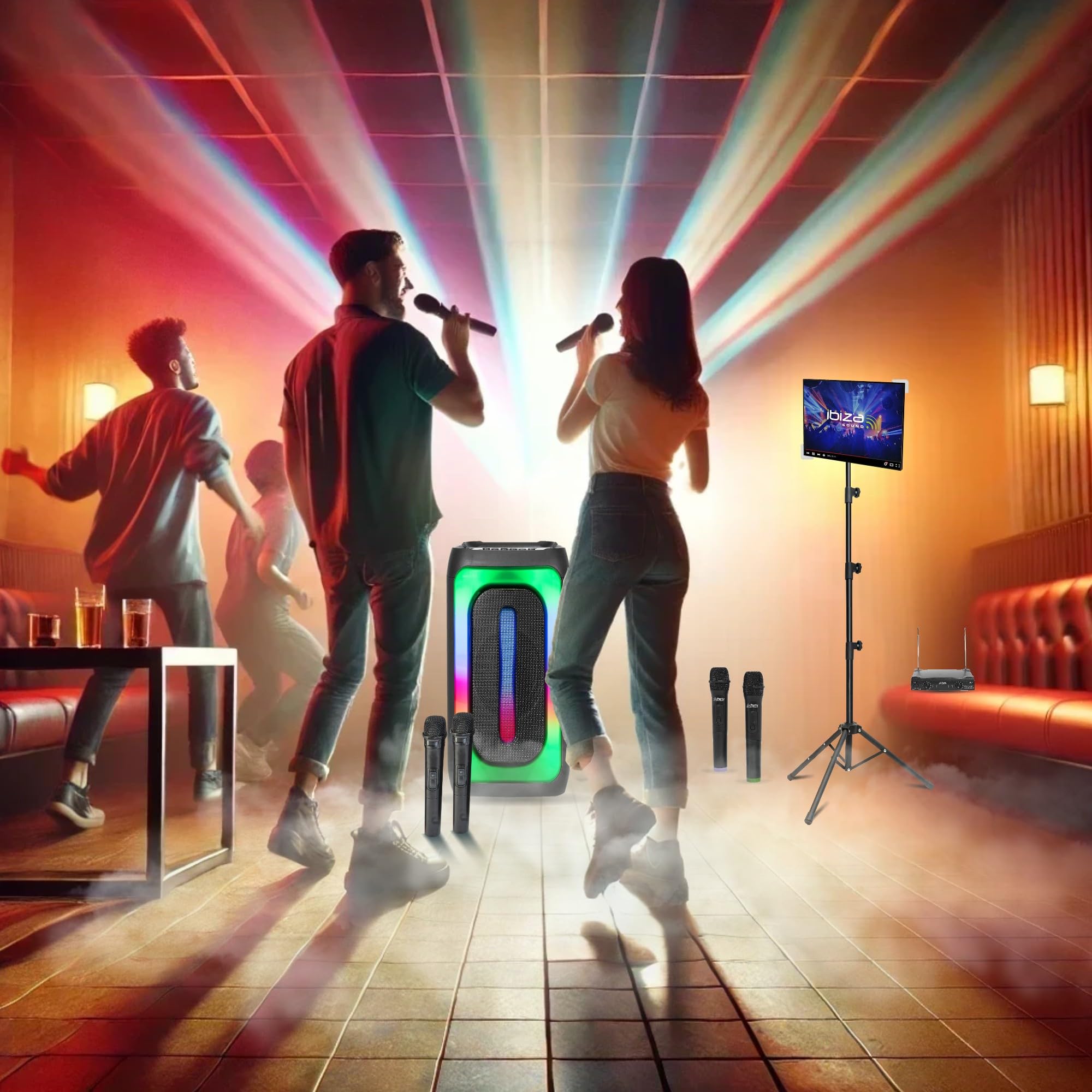 MOOVING LIGHT & SOUND - Pack Karaoke Enceinte 1000W USB Bluetooth sur Batterie Mooving MAGIC-SOUND1000-4 micros sans Fil - Support Tablette SMM20 - Soirée