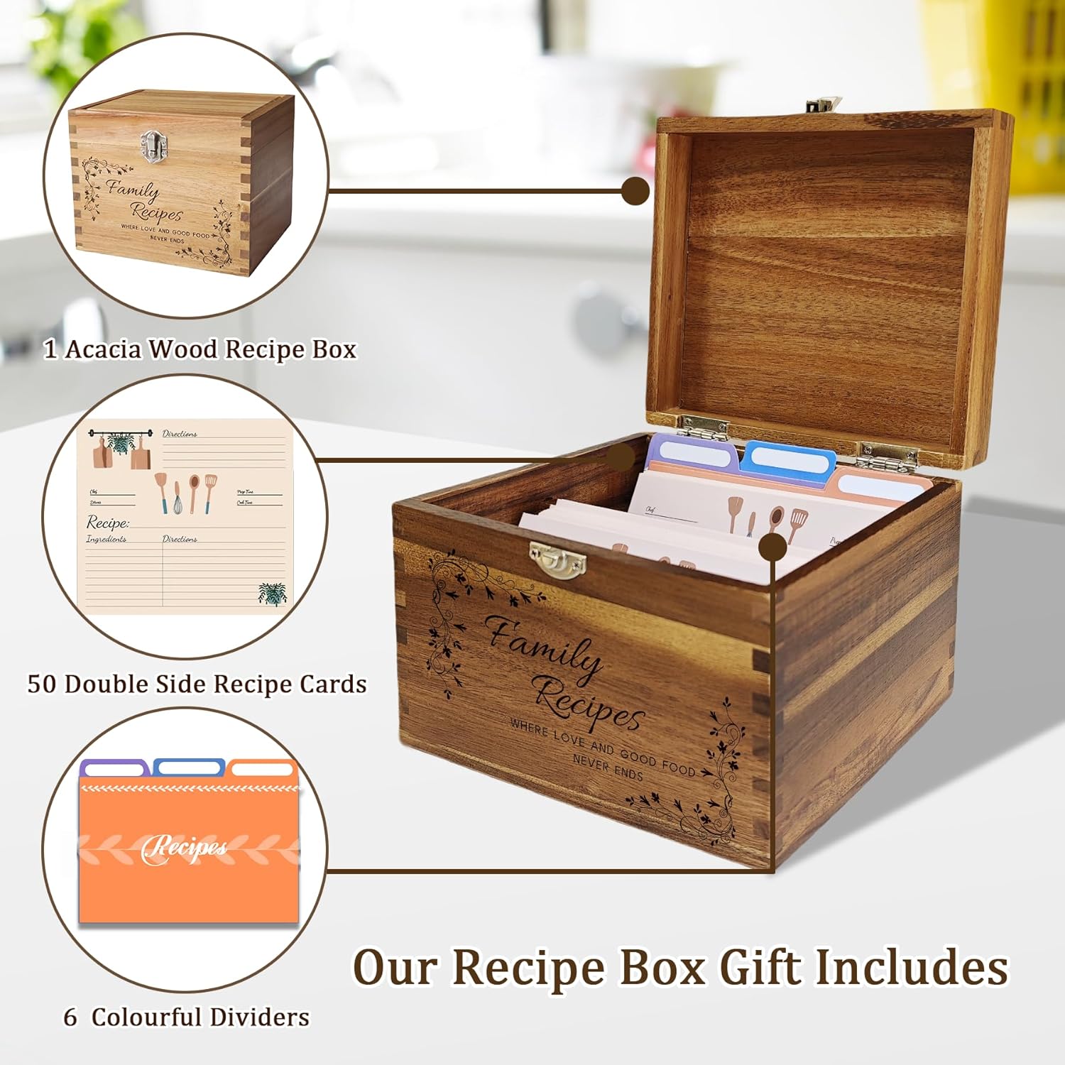 YOJO Wooden Recipe Box With 50 Double Sided 4x6 Recipe Cards and 6 Dividers, Ideal Gift for Christmas, Mother's Day, Wedding, Birthday, Anniversary (Box set style 1) - Image 4