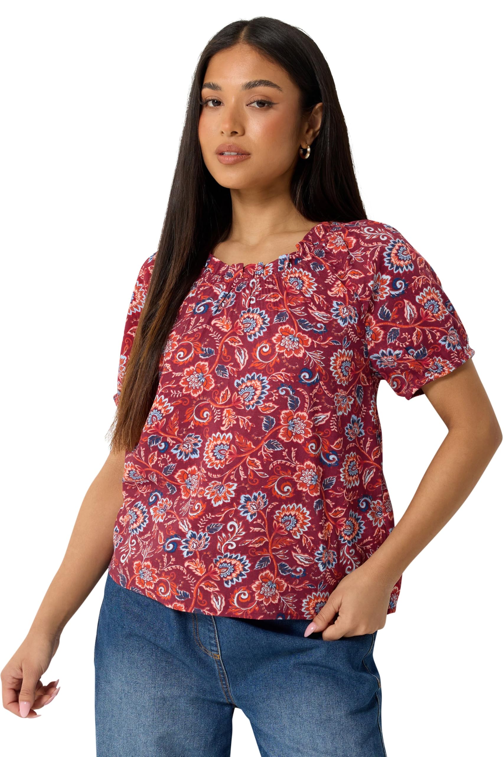 M&Co Women's Dark Red Petite Abstract Print Scoop Neck Top In Size 18
